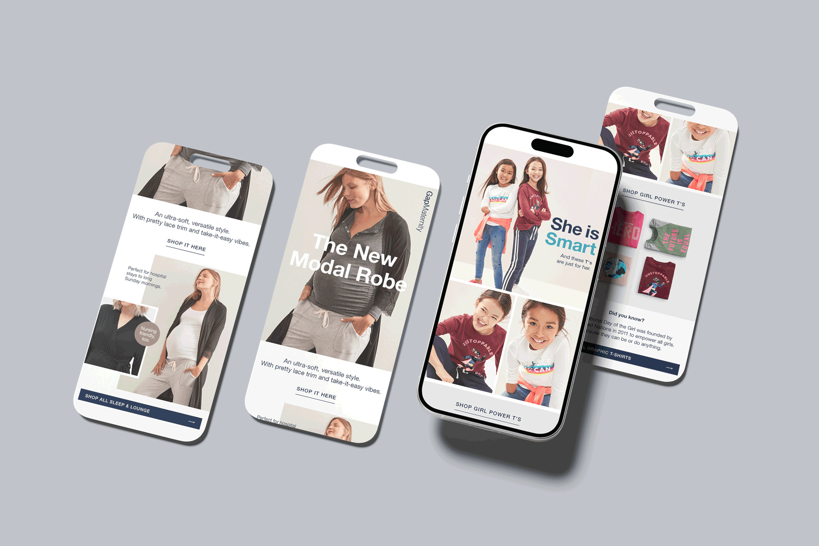 Four smartphones displaying a fashion e-commerce website with various clothing and accessories for women and girls.
