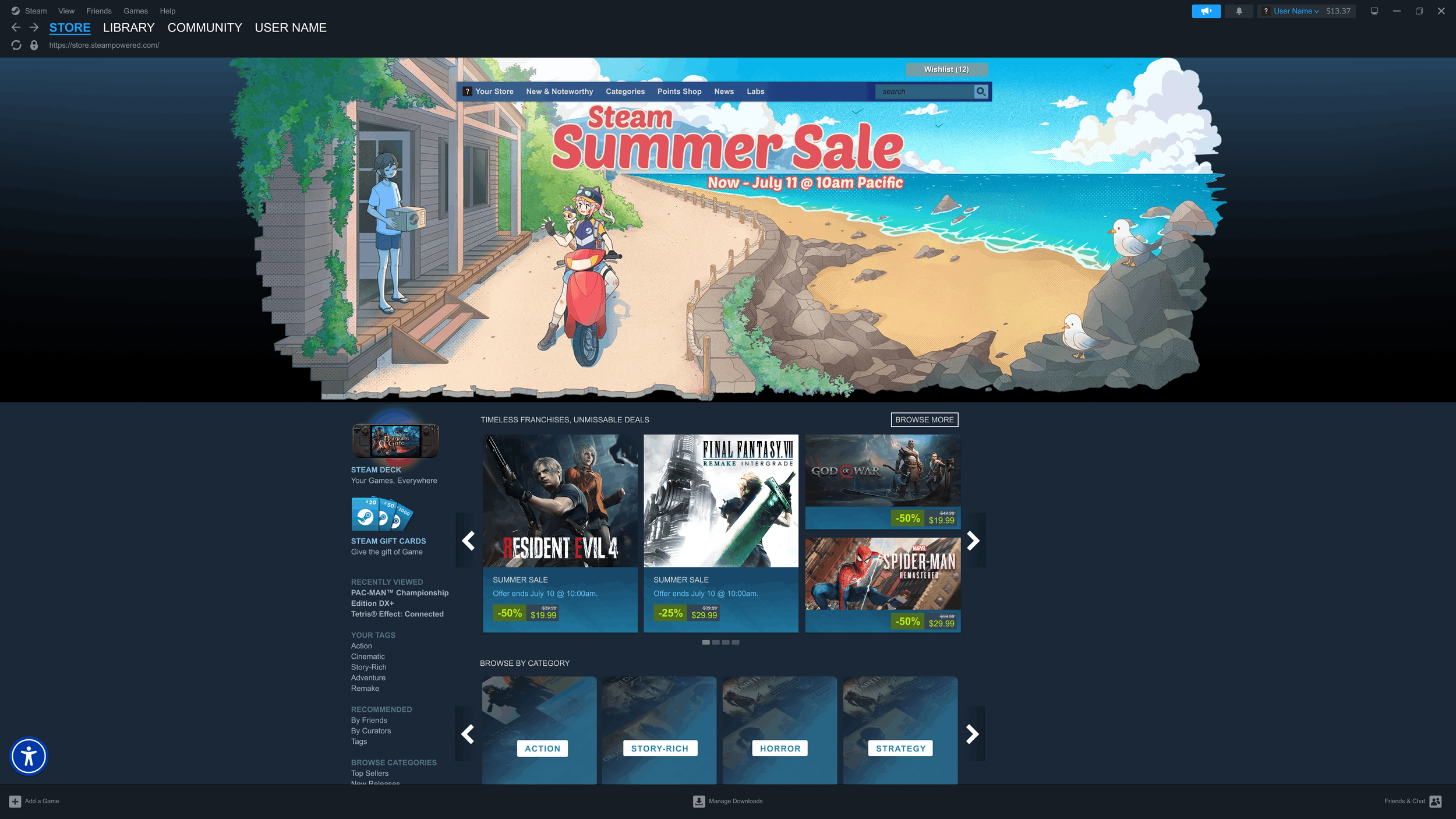 Screenshot of the Steam online store homepage featuring a summer sale banner with a cartoon illustration of a girl riding a scooter on a beach, a seagull, and a person delivering a package to a house.