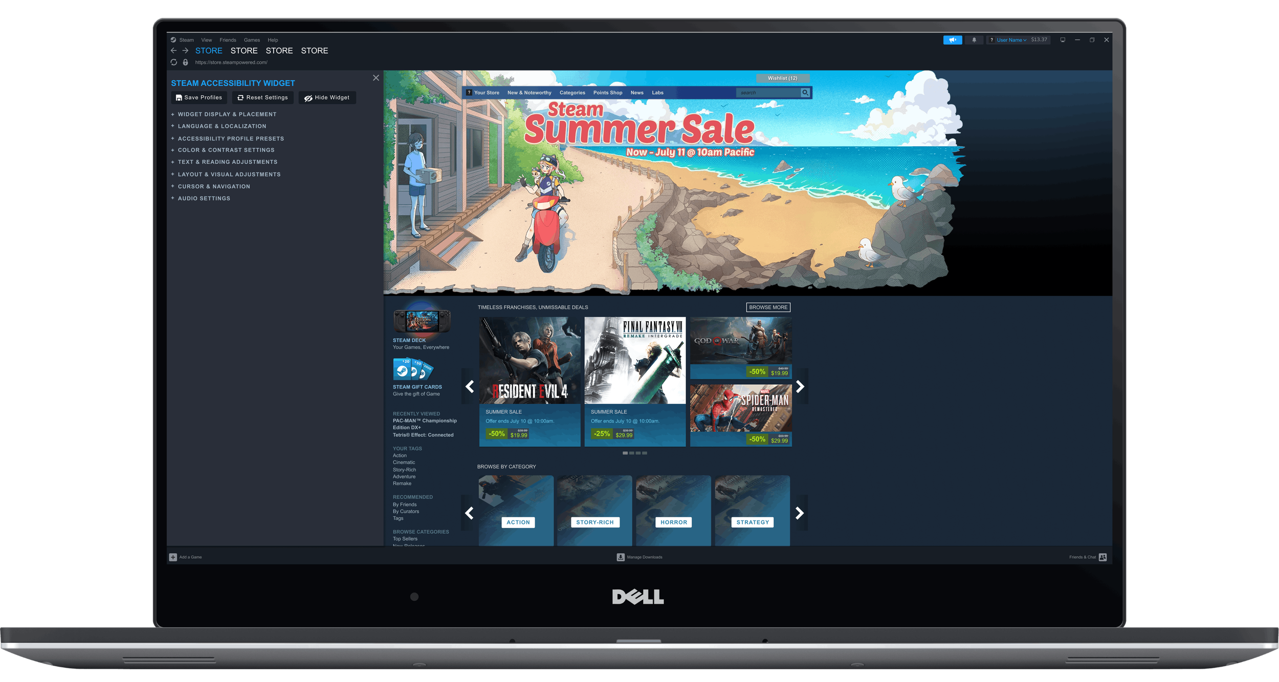 A laptop screen displaying the Steam store webpage with a banner for a Steam Summer Sale, promotional images for various games, and navigation menus.