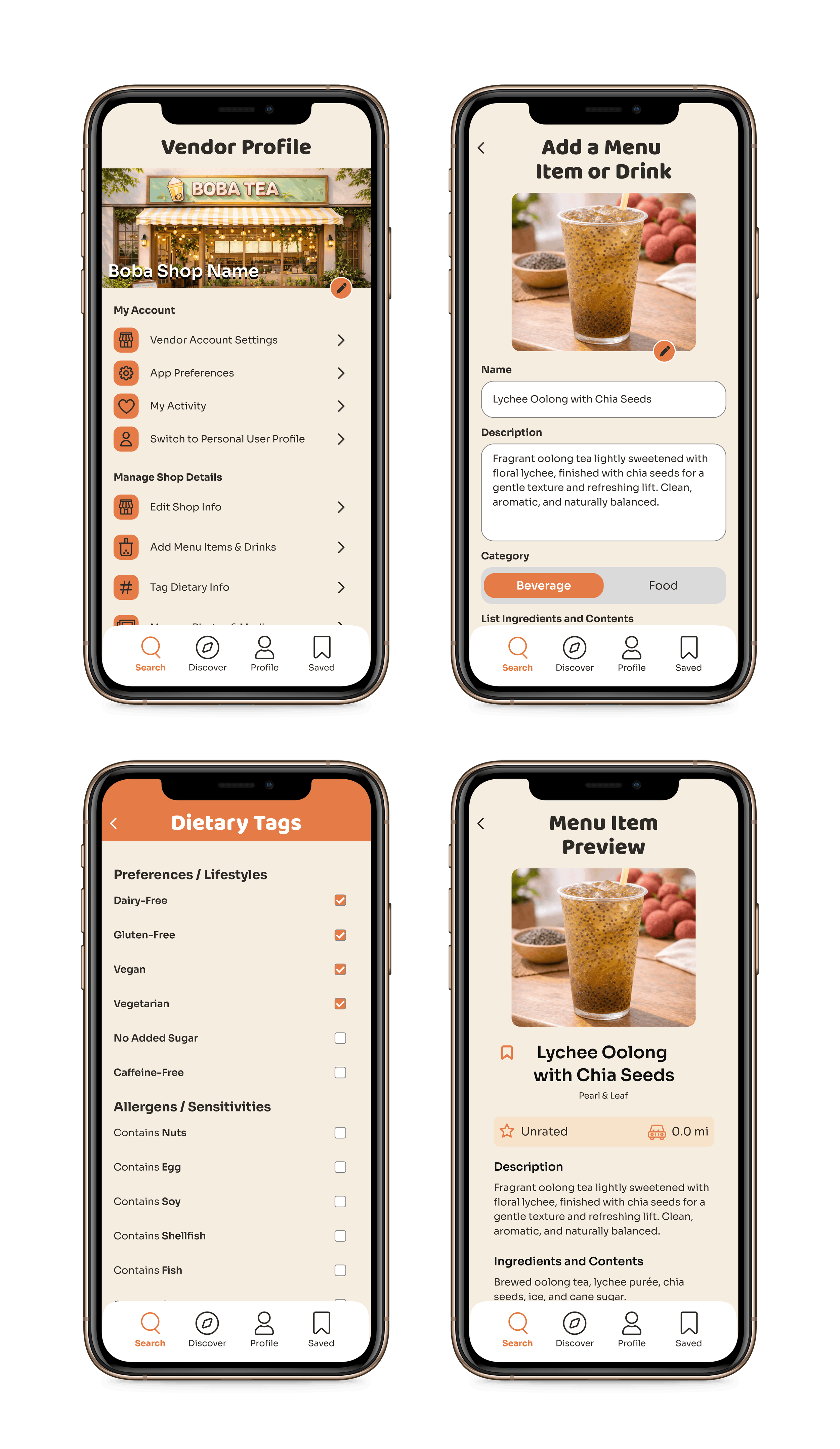 Screenshots of a mobile app for a boba tea shop, showing vendor profile, menu item addition, dietary tags, and menu preview screens.