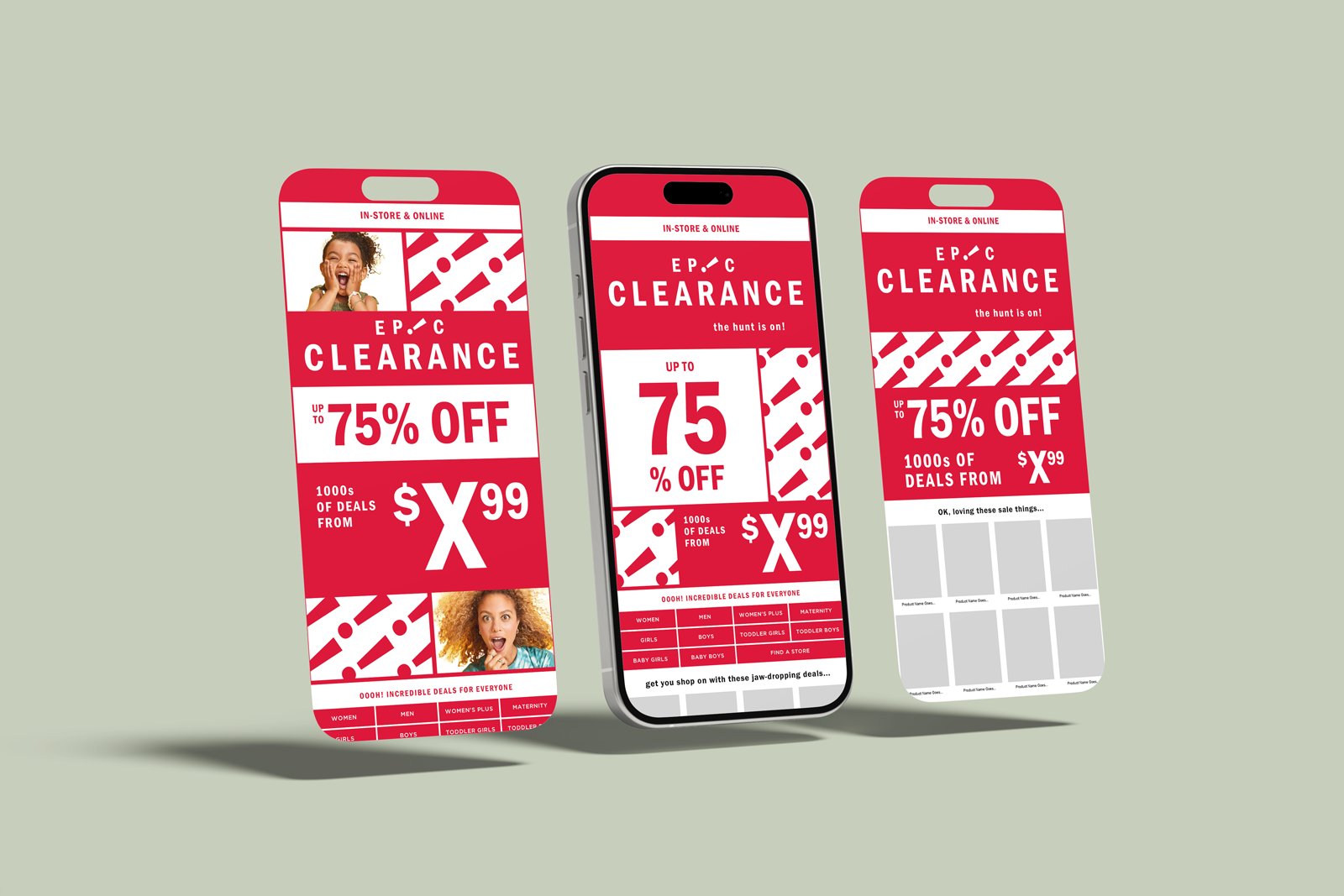 Three smartphones displaying promotional advertisements for a sale event with up to 75% off, featuring bold red and white graphics, images of children, and various discount details.