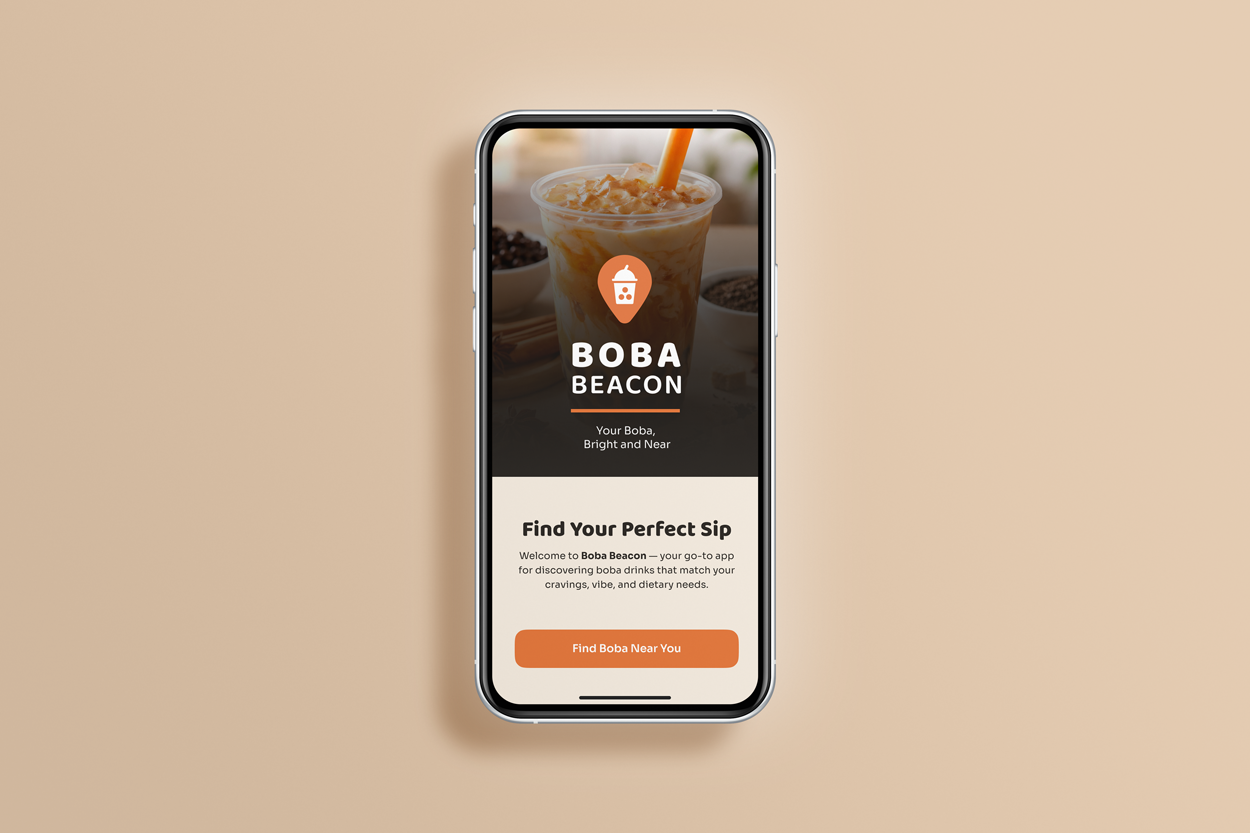 Smartphone displaying the Boba Beacon app with a background of a boba drink and other ingredients, promoting finding nearby boba tea locations.