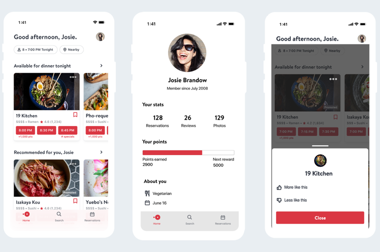Screenshots of a food reservation app showing user profile, restaurant options, and menu preferences.