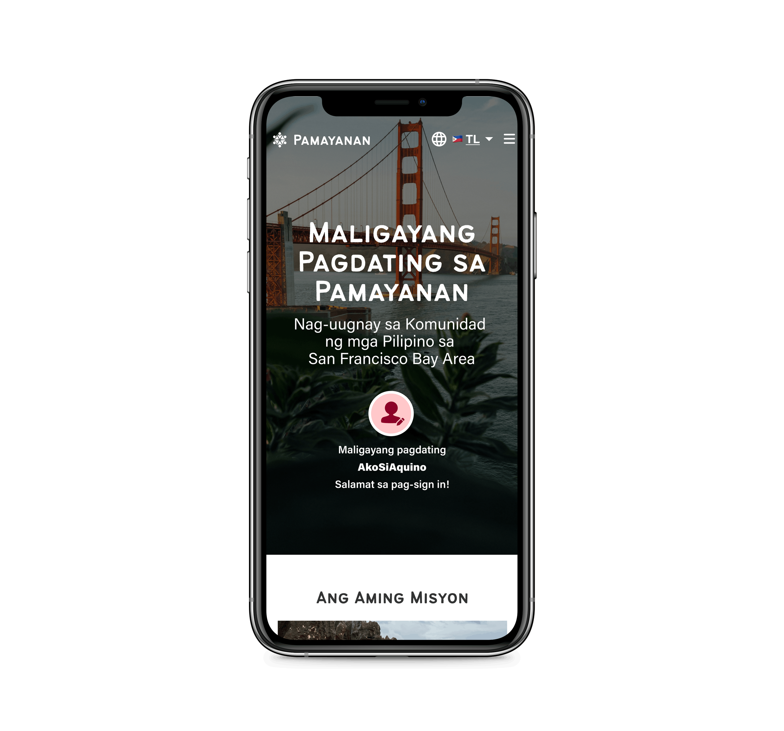 Mobile phone screen displaying a website with the Golden Gate Bridge in the background, and text in Filipino that translates to 'Missions in the Community of Filipinos in San Francisco Bay Area' and 'God's work.'
