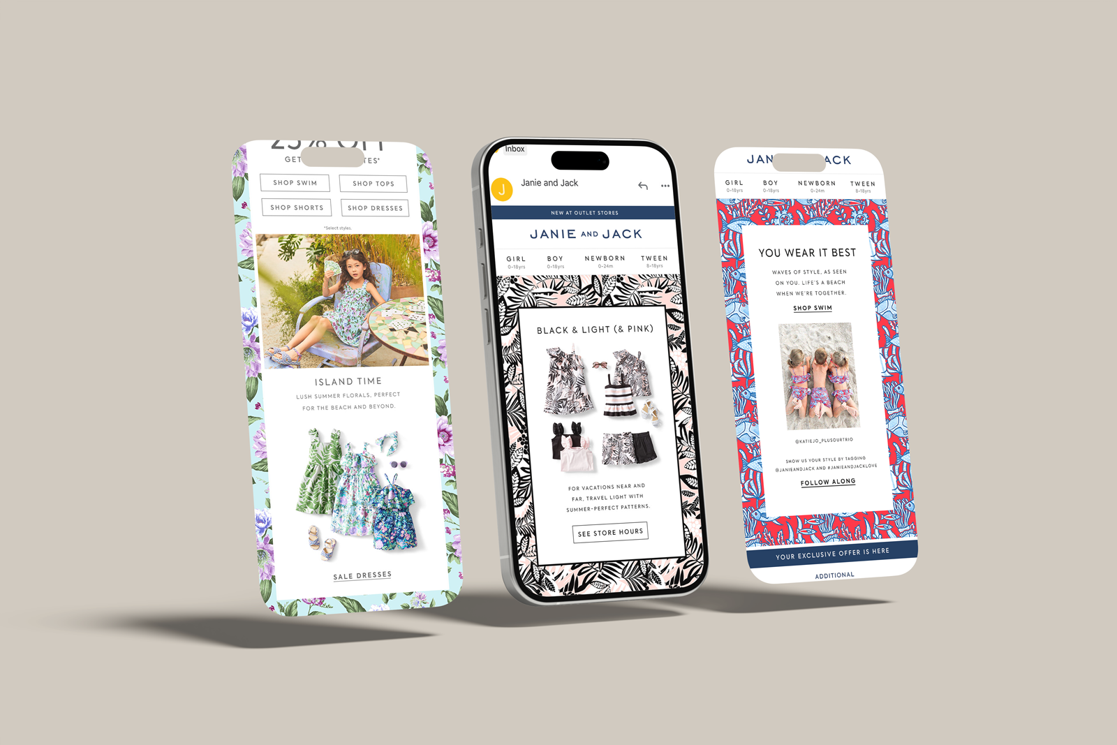 Three mobile phones displaying kids' clothing online store with colorful floral and patterned backgrounds, showcasing dresses, swimwear, and accessories for children.