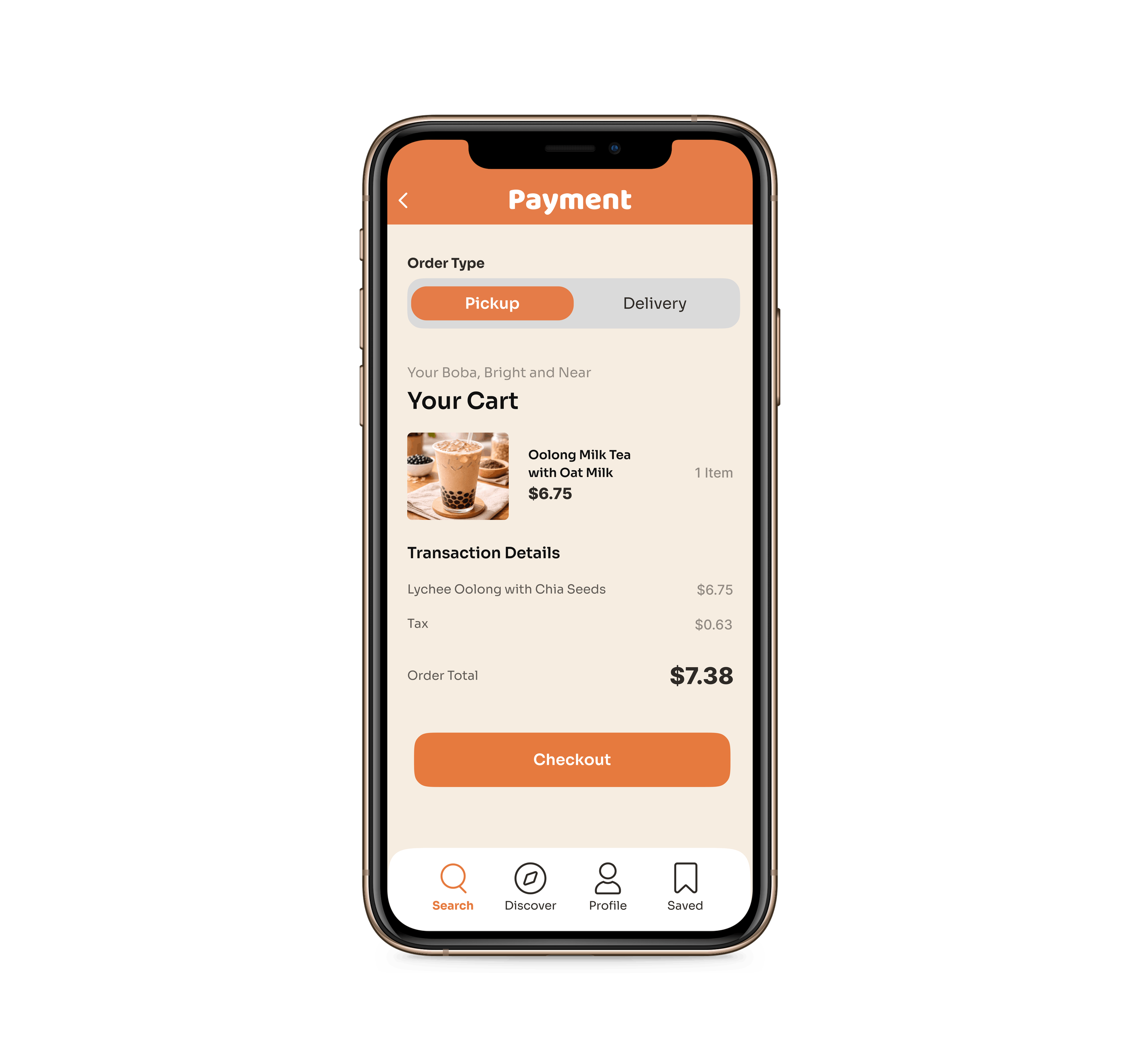 Screenshot of a mobile app payment screen showing order type options for pickup or delivery and a shopping cart with food items and prices.