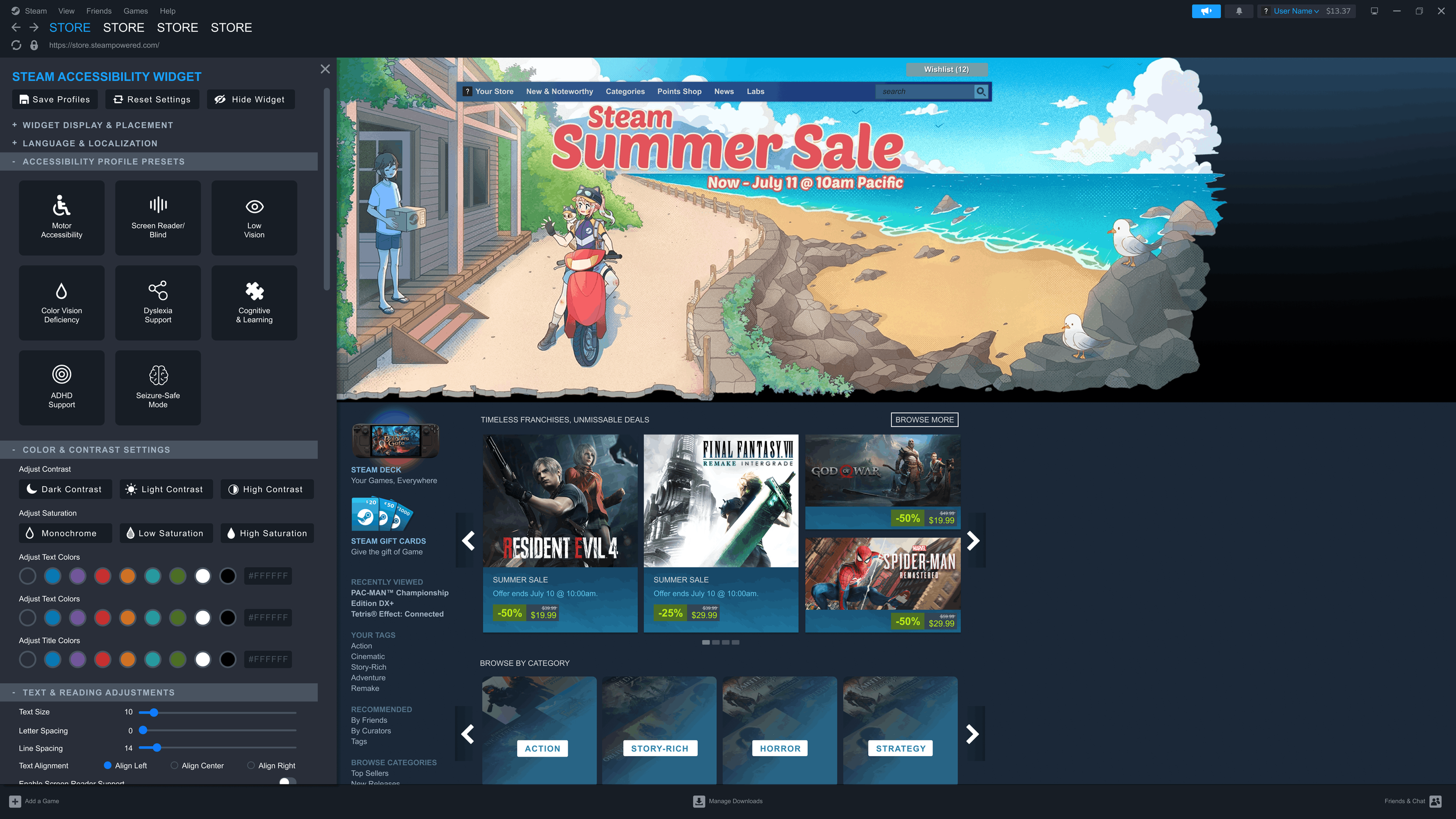 Screenshot of Steam's online store featuring a summer sale with colorful graphics, anime-style characters, a beach scene, and game banners.