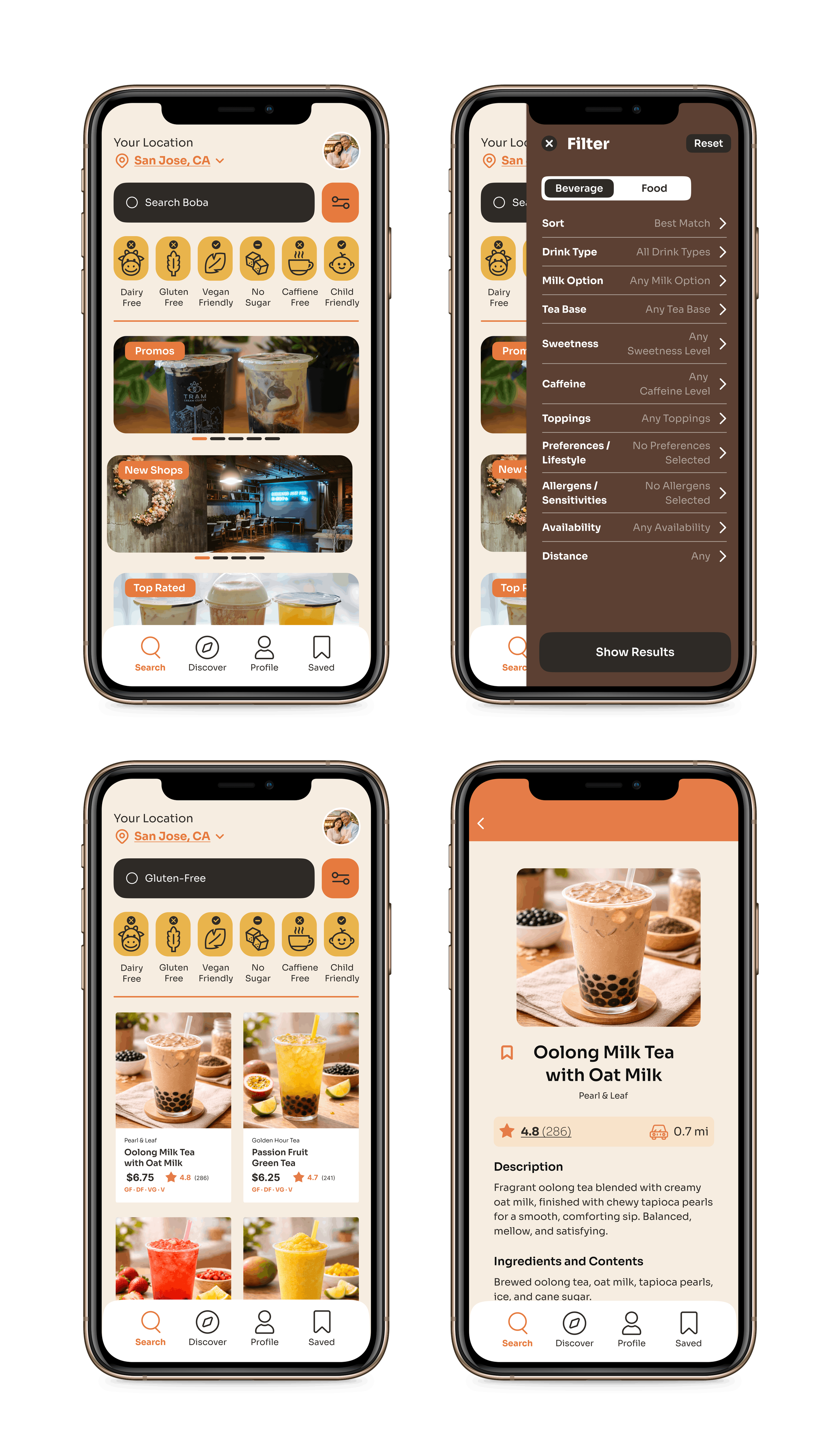 Screenshots of a mobile app for ordering bubble tea. The app shows options to filter drinks by dietary preferences and details about specific drinks like Oolong Milk Tea with Oat Milk.