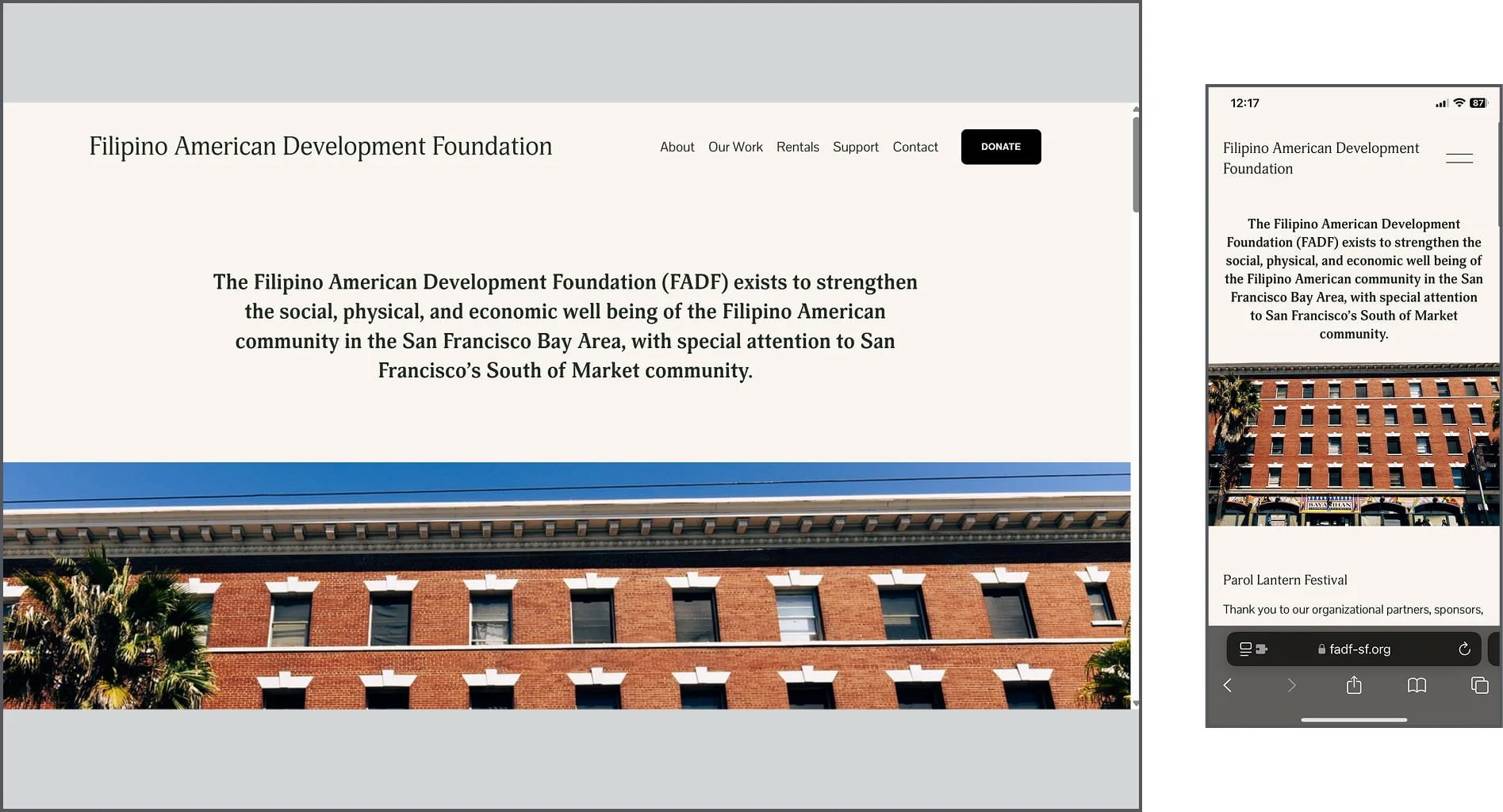 Screenshot of the Filipino American Development Foundation website, showing the foundation's mission statement and parts of a building with palm trees in front.