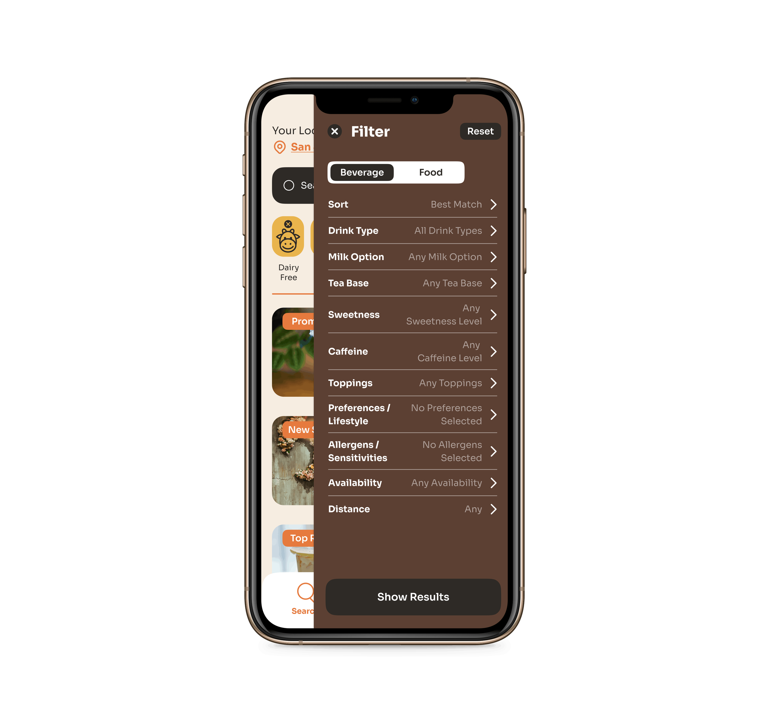 Close-up of a smartphone screen displaying a filter menu for searching beverage options, including categories like milk, tea base, sweetness, caffeine, toppings, preferences, allergy, availability, and distance.