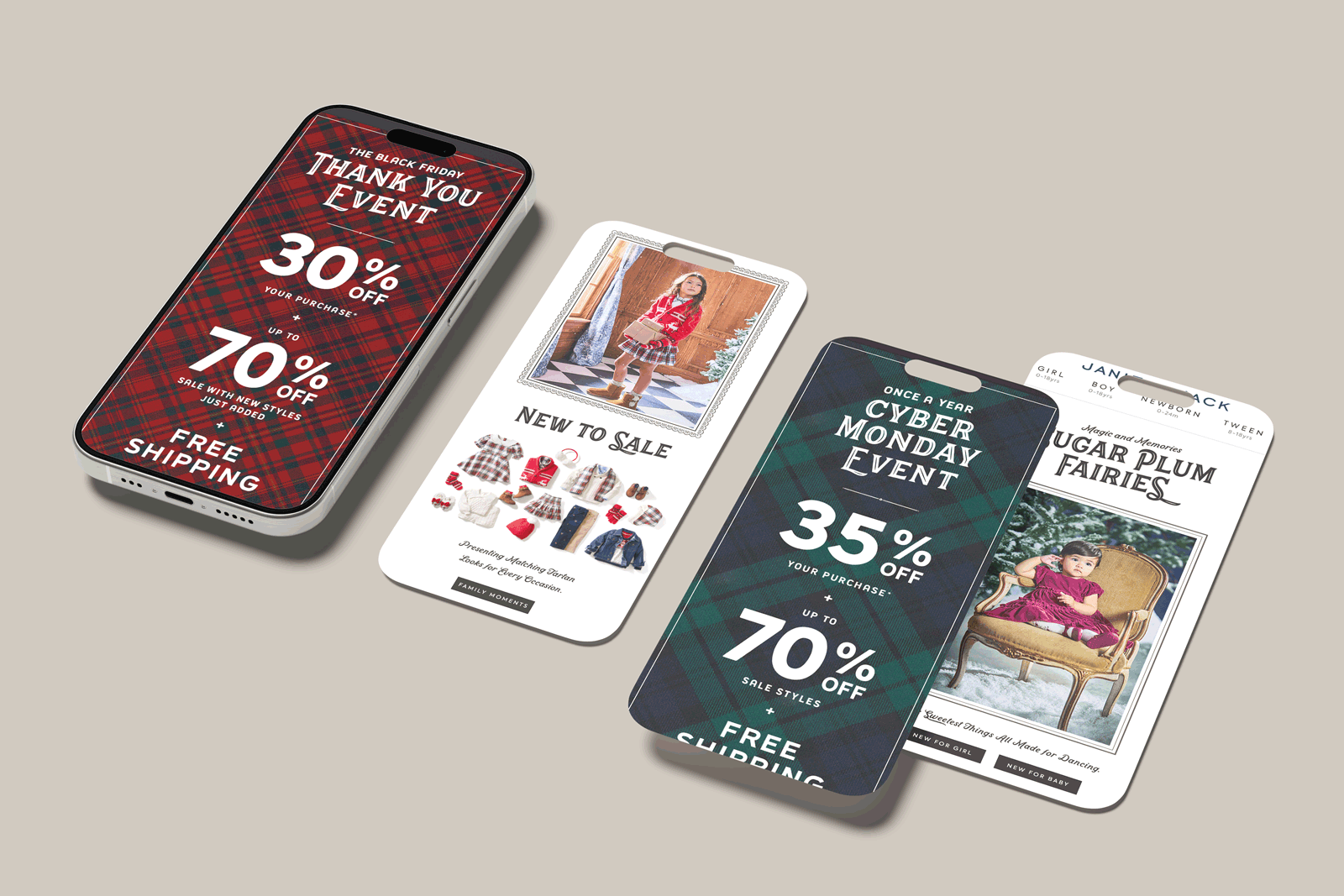 Four smartphones displaying holiday sale advertisements and photos of children in festive clothing.