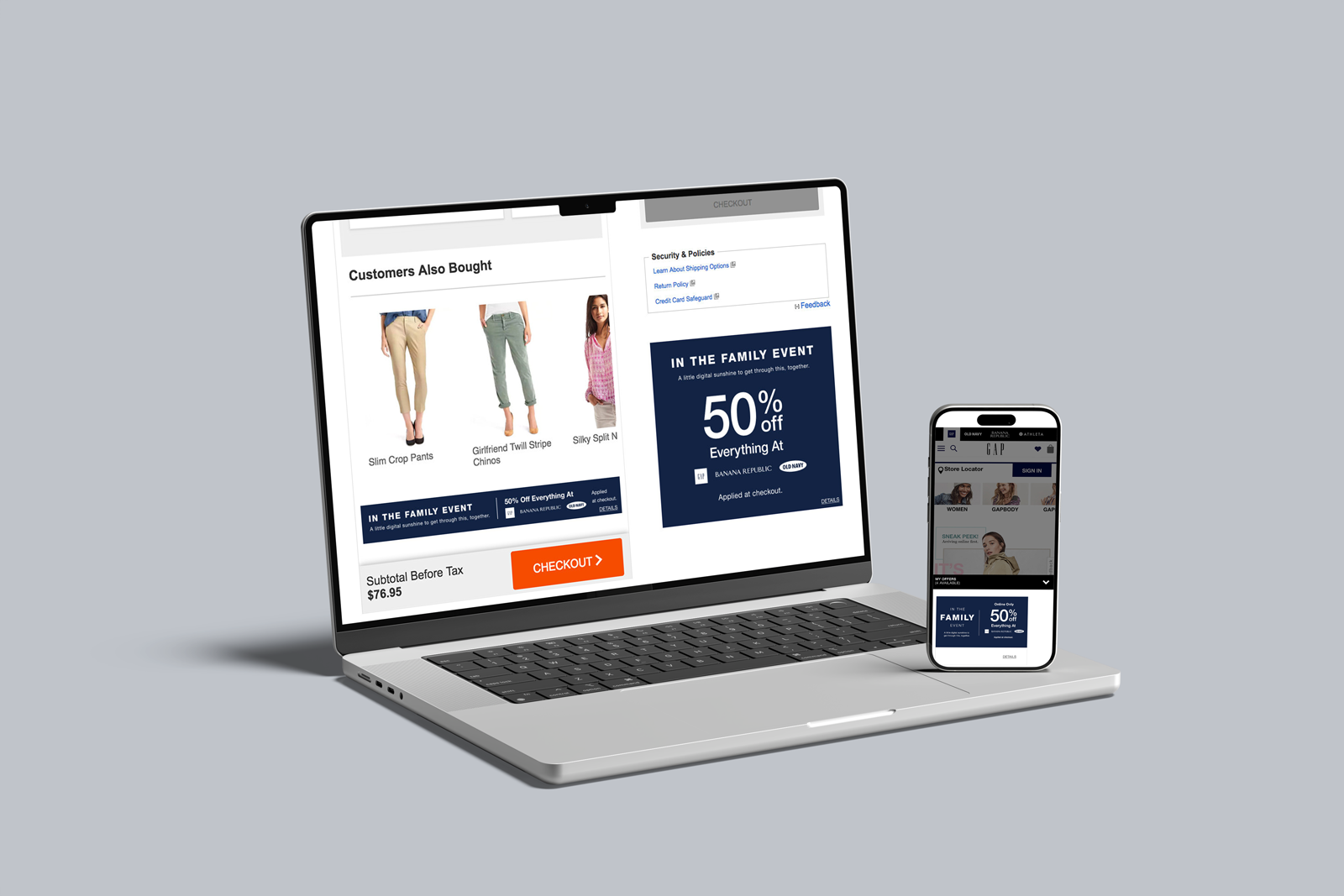Laptop and smartphone displaying online shopping website promotion for a 50% discount on selected clothing items, including pants and jeans, with a checkout button visible.
