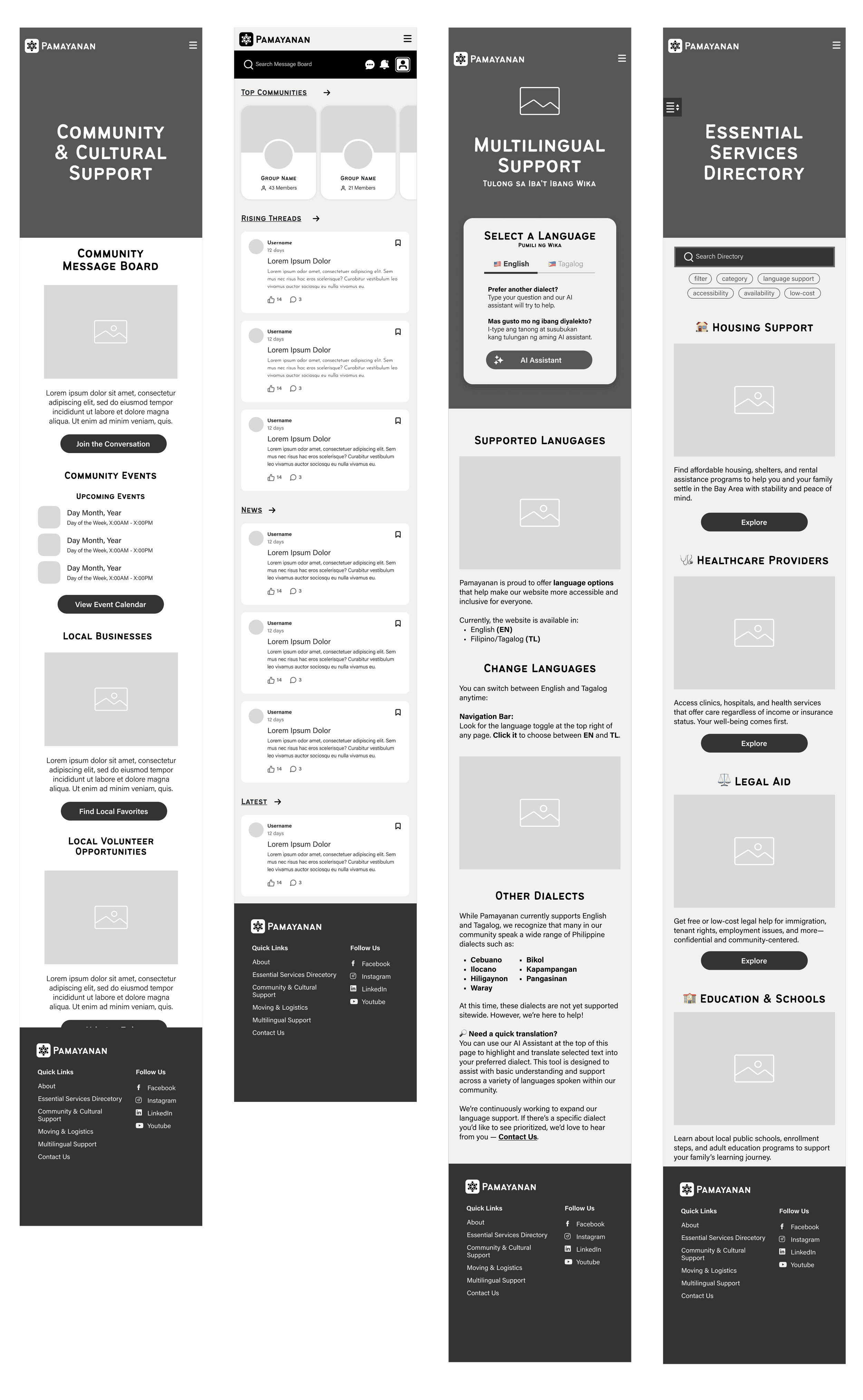 Screenshots of a community support website named 'Pamayanan' showing different sections including community message board, multilingual support, directory, community events, local businesses, volunteer opportunities, and footer with links to social media.