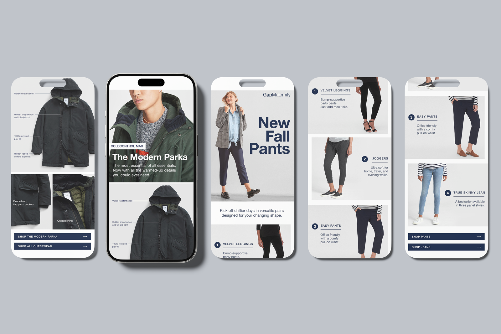 Collection of digital mockups for fall pants and outerwear, featuring jackets, pants, and styling details on four mobile screens.