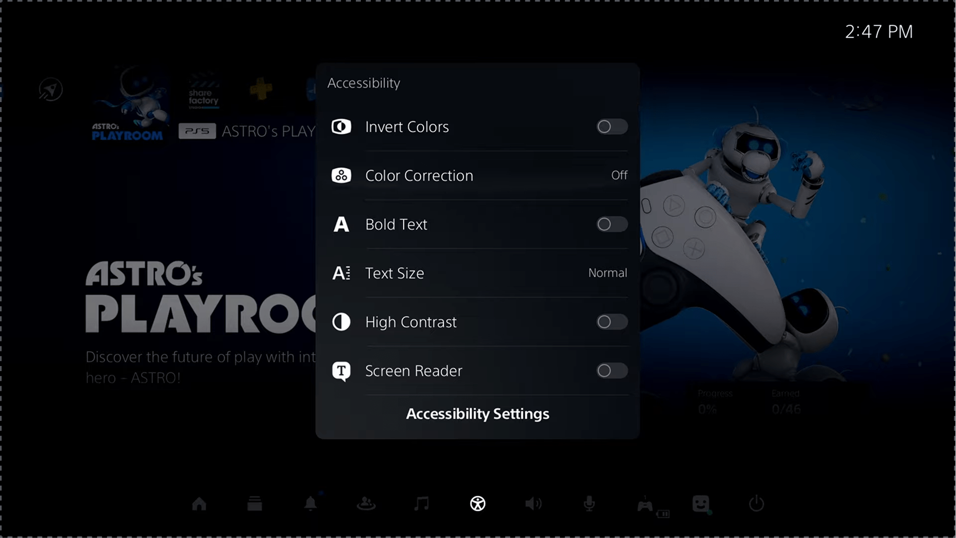 A tablet screen displaying an accessibility menu overlay, with options such as invert colors, color correction, bold text, text size, high contrast, and screen reader, partially covering a background image of a robot with a game controller. The background image also shows the title 'Astro's Playroom' and some game-related icons, with the time 2:47 PM visible at the top right corner.