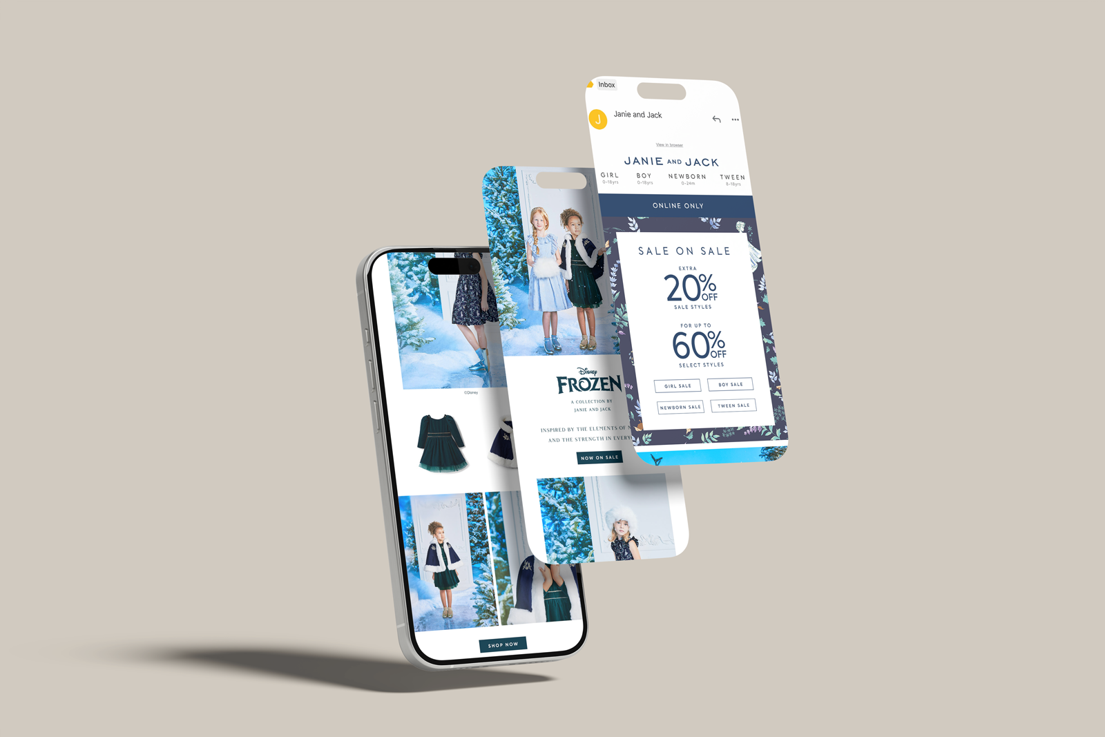 Two smartphones displaying digital advertisements for Disney's Frozen children's clothing collection, with winter-themed backgrounds and models wearing costumes, on a plain beige background.