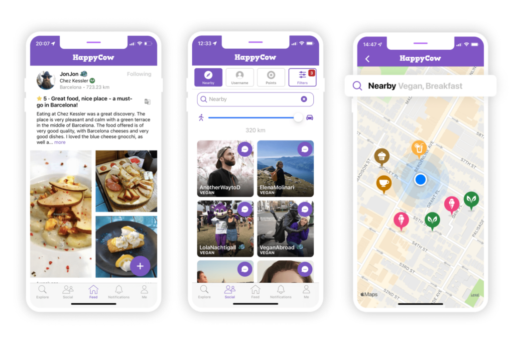 Screenshots of a mobile app called HappyCow displaying features for finding vegan restaurants and communities, including a feed, nearby map, and user profiles.