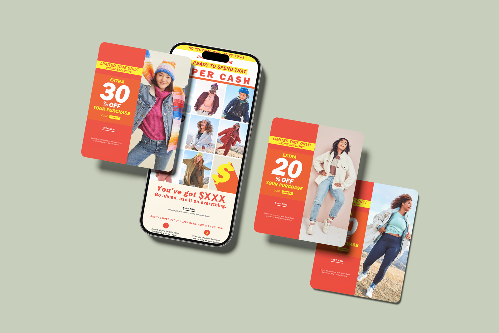 Fashion marketing display with discount offers on clothing for women, featuring models in casual wear, on a light green background.
