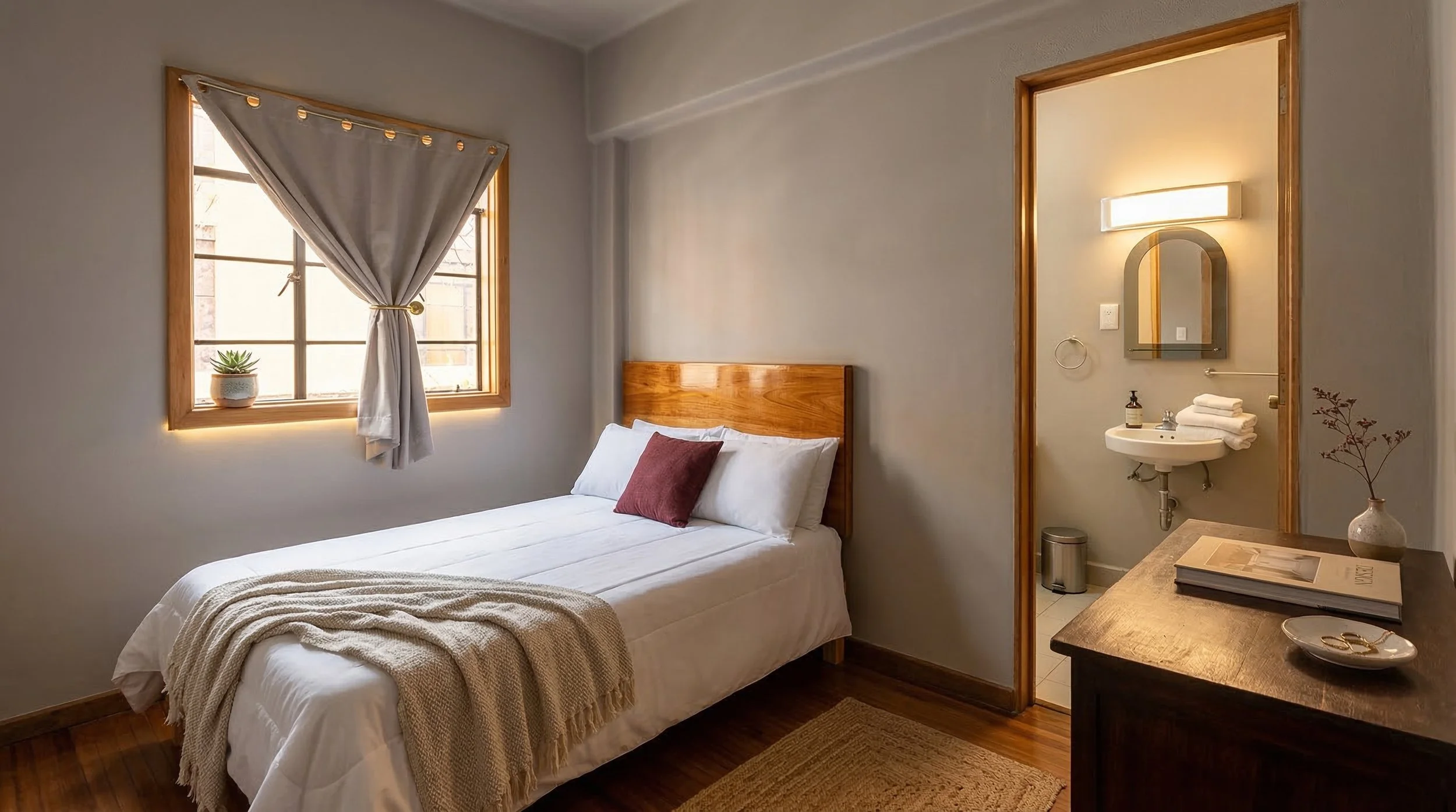 Habitación sencilla con cama, cortinas y ventana, baño visible con lavabo, espejo y toallas, decorada con plantas y objetos de madera.