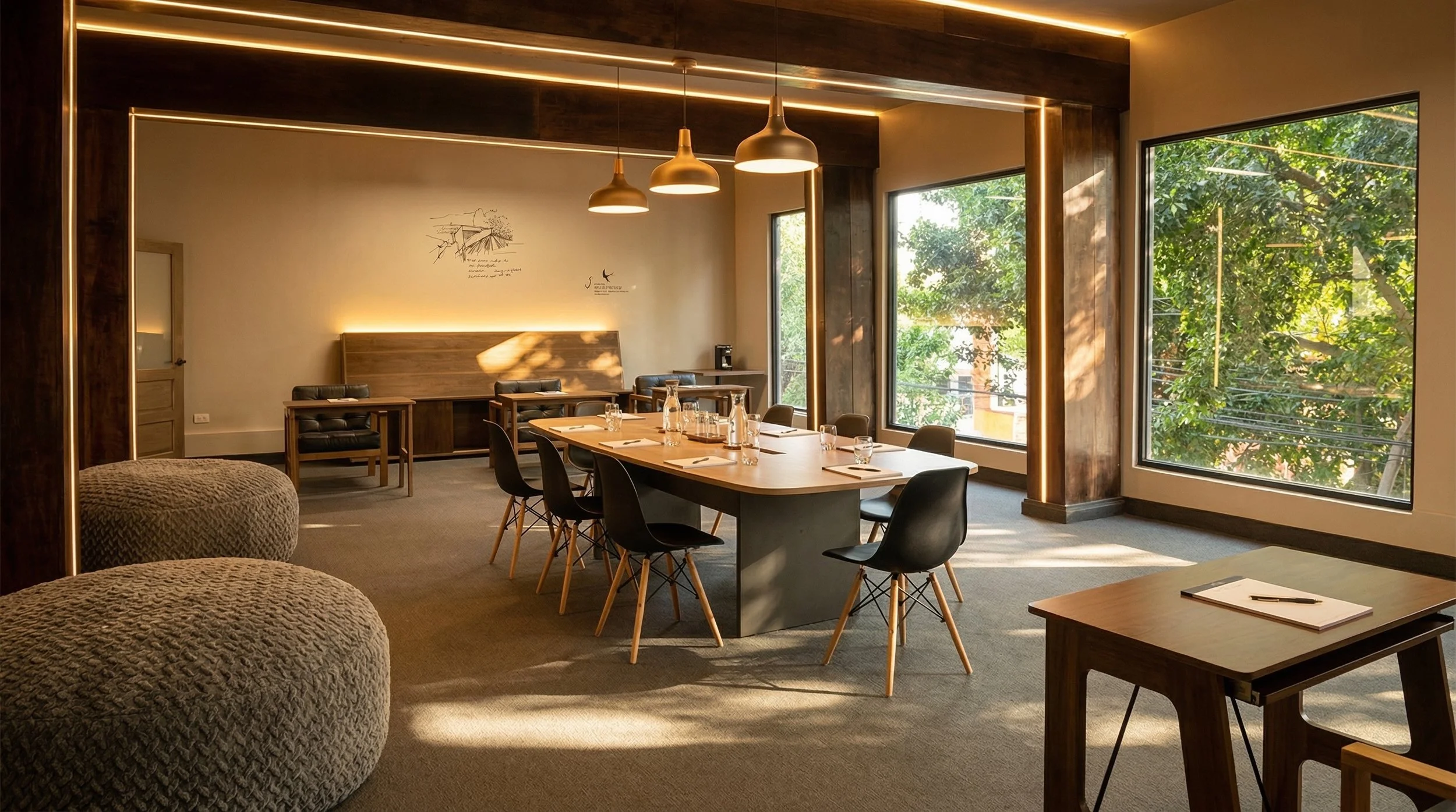 Sala de reuniones con mesa de madera, sillas negras, ventanas grandes con vista a árboles, iluminación moderna y decoraciones minimalistas.