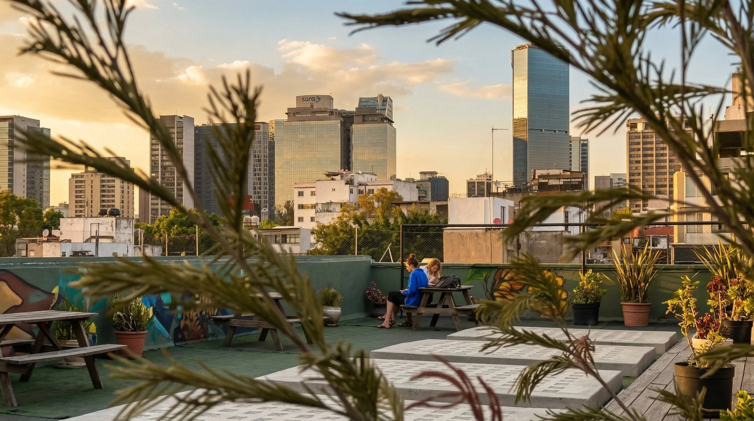 Dos personas sentadas en un banco en una terraza urbana, rodeadas de plantas y plantas en macetas, con una vista de edificios altos y rascacielos al atardecer.