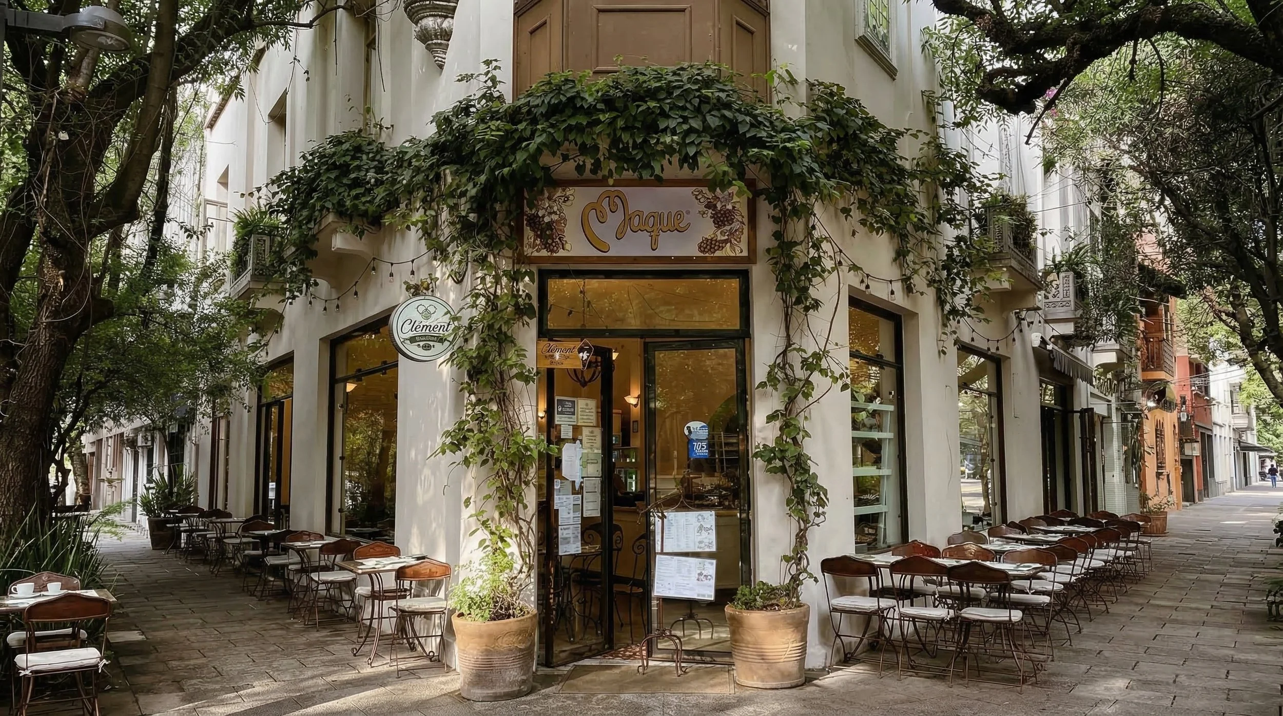 Cafetería con sillas y mesas en la acera, fachada con puertas de vidrio y decorada con plantas y enredaderas, árboles frondosos rodean la fachada.