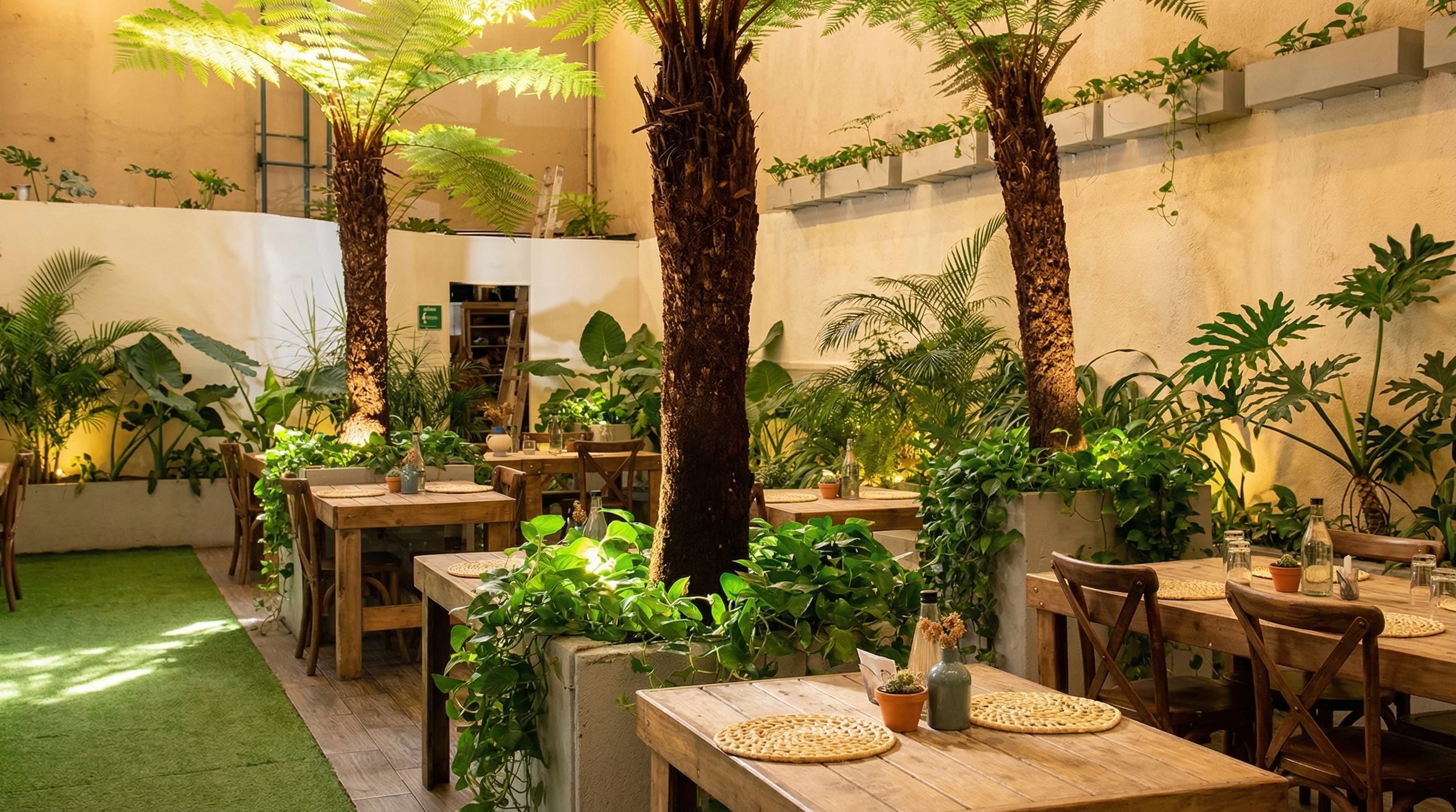Jardín de restaurante con mesas de madera, sillas de madera, plantas verdes, árboles con focos, paredes blancas, luz cálida y decoración en estilo natural.