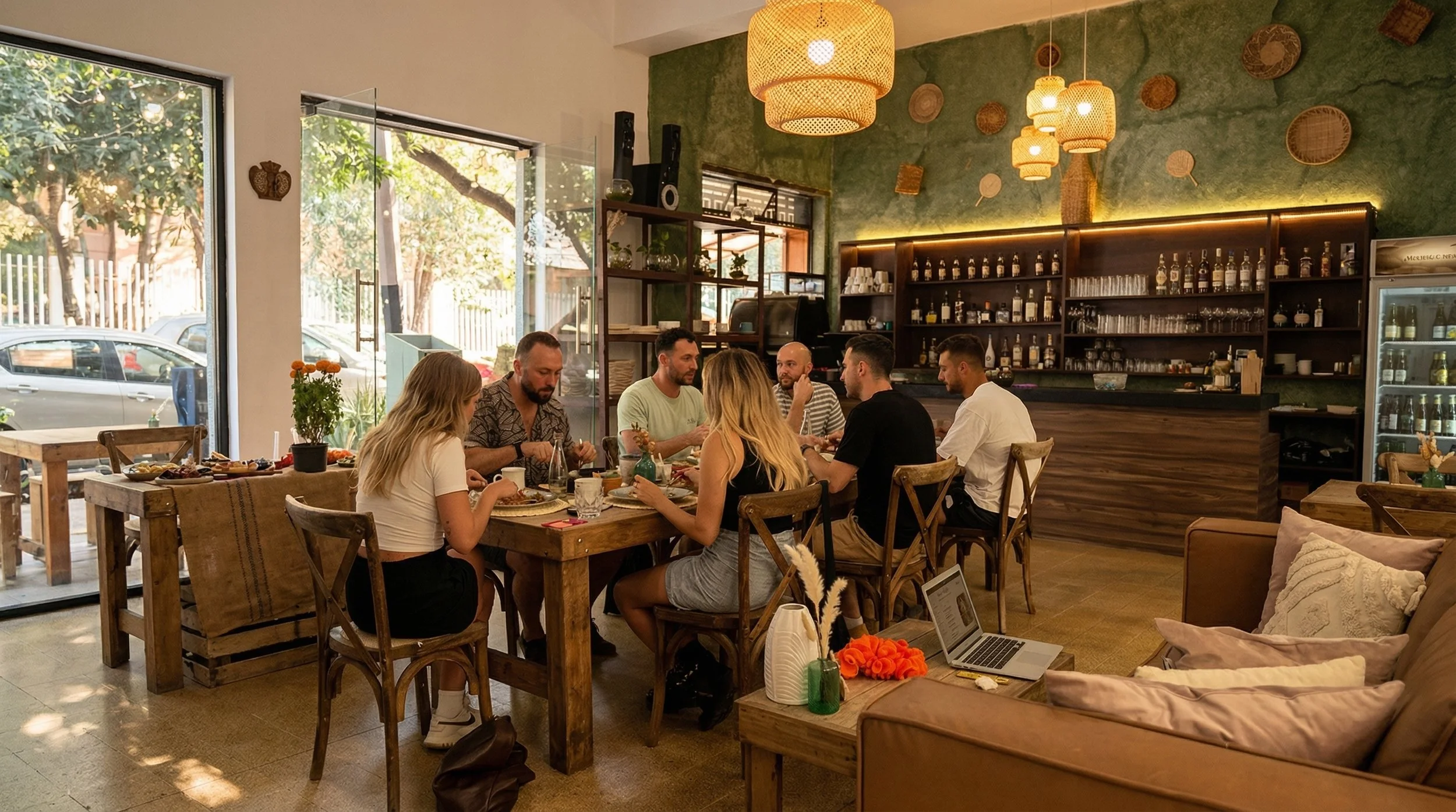 Personas sentadas en una mesa comiendo en un restaurante con decoración cálida y decoración de paredes verdes, lámparas de madera y estanterías con botellas y vasos.