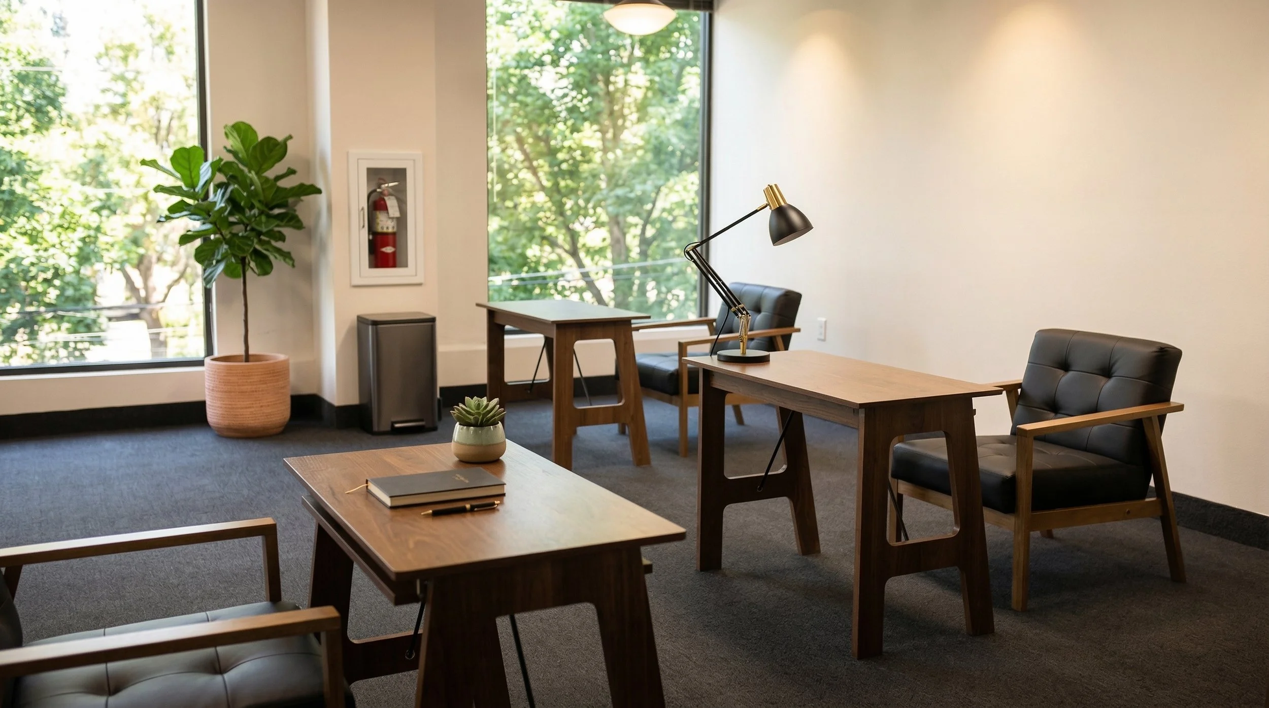 Oficina moderna con ventanas grandes, dos escritorios de madera, dos sillones de cuero, lámpara de escritorio, planta en maceta, y vista a árboles exteriores.