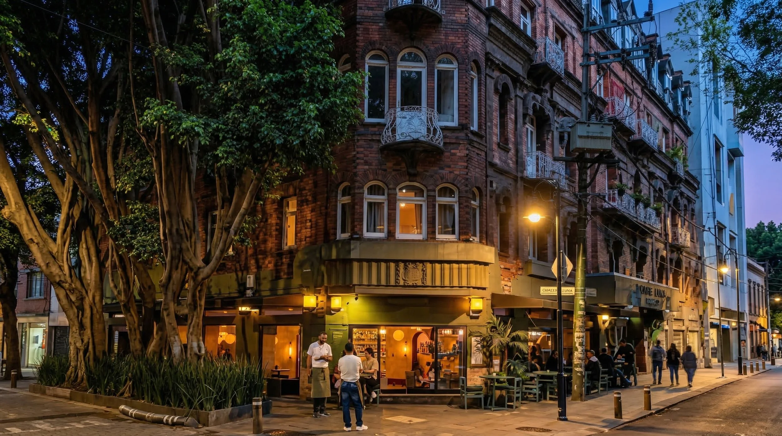 Vista nocturna de una calle con un edificio de ladrillo y un restaurante en la planta baja, con personas cenando y caminando en la acera, árboles grandes y lámparas de calle iluminando el lugar.