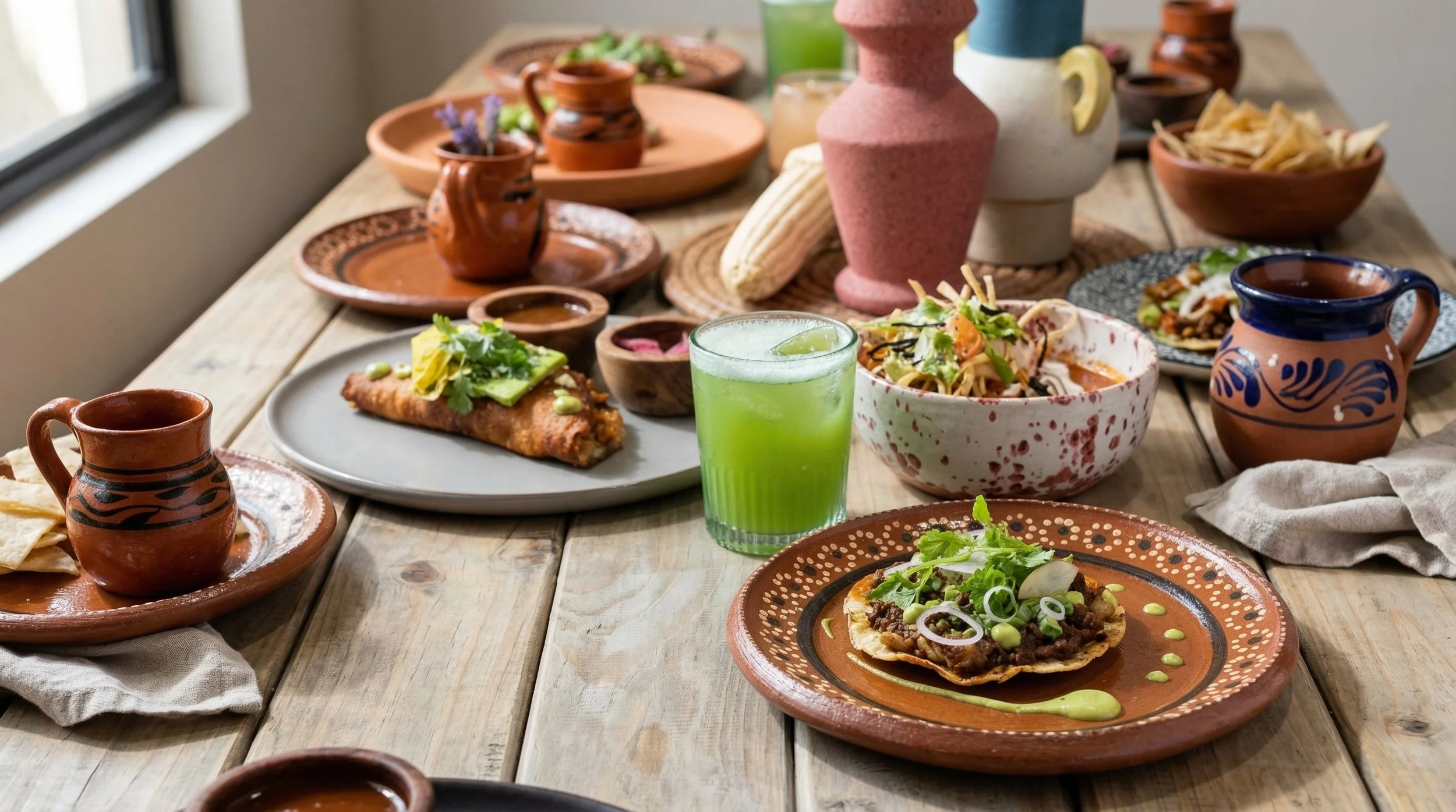 Mesa de comida mexicana con platos tradicionales, vasos de barro y decoraciones coloridas en un ambiente rústico.
