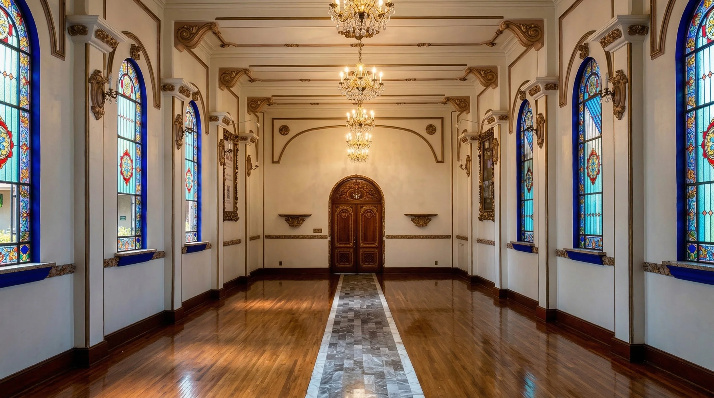 Salón con paredes blancas, ventanas de vitrales coloridos, pisos de madera brillante y candelabros dorados colgantes.