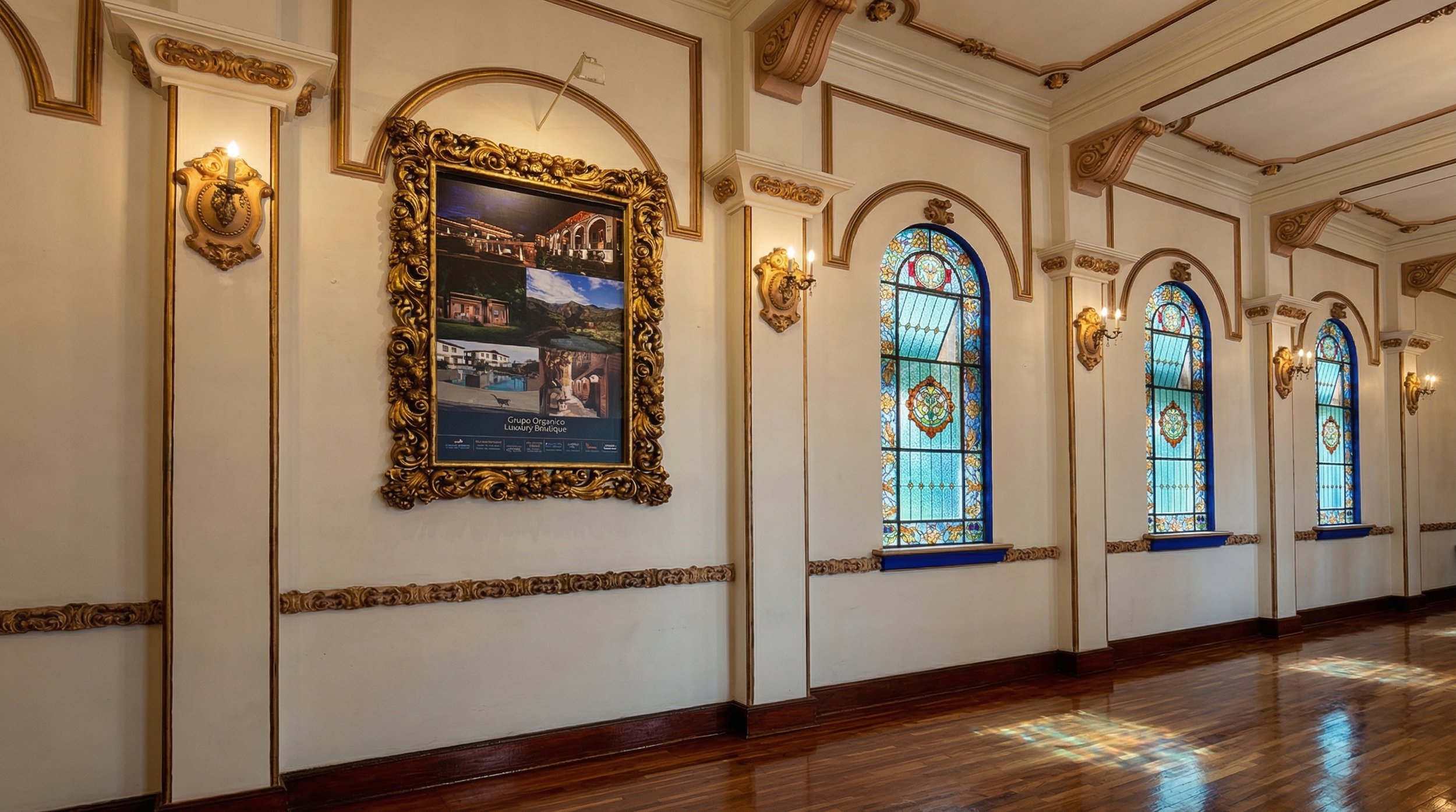 Salón con paredes decoradas con molduras doradas, vitrales de colores y un cuadro grande con marco dorado en la pared.
