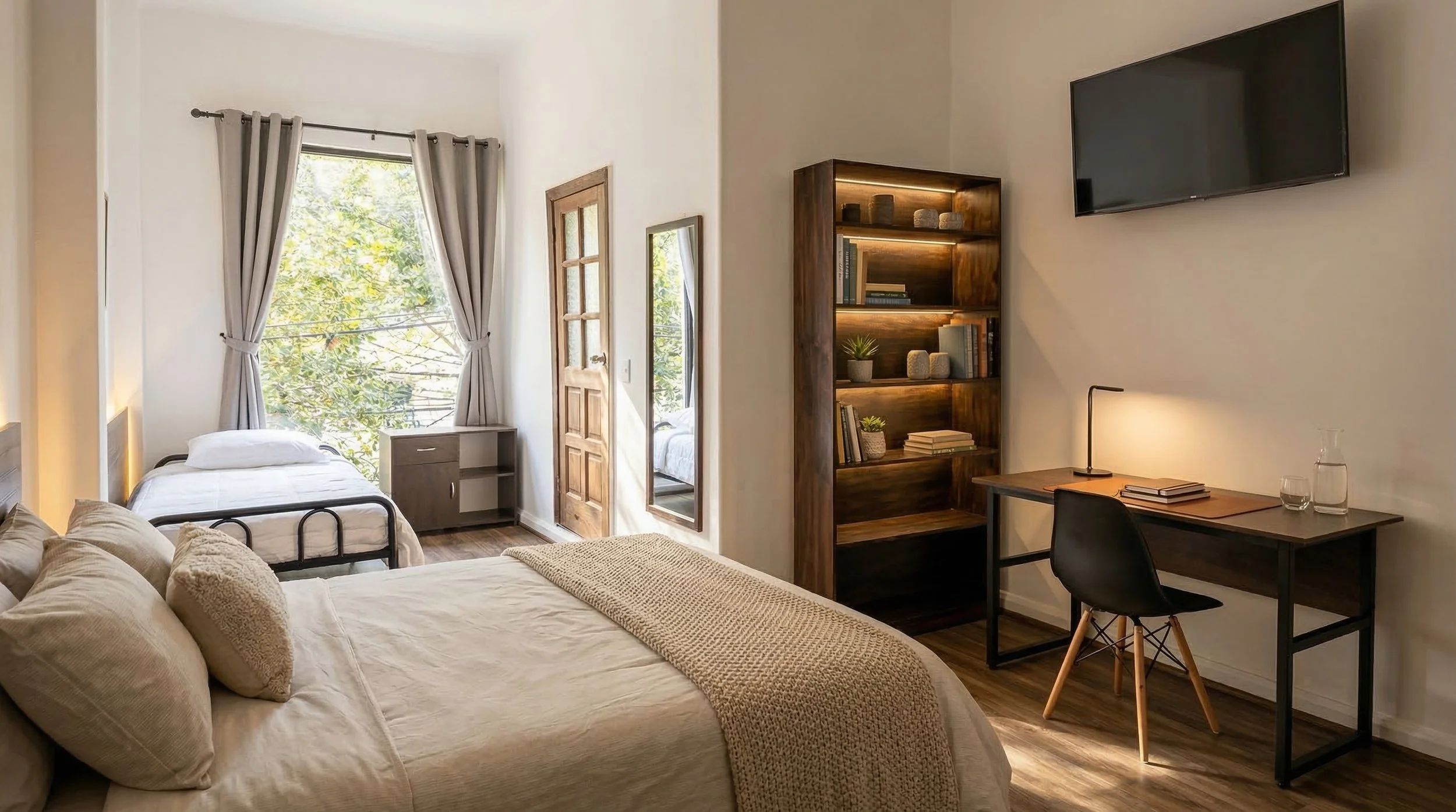 Habitación con cama doble, cama individual, mesa de noche junto a la ventana con vista a árboles, armario, estantería, escritorio con lámpara y silla, televisor en la pared y cortinas grises en la ventana.