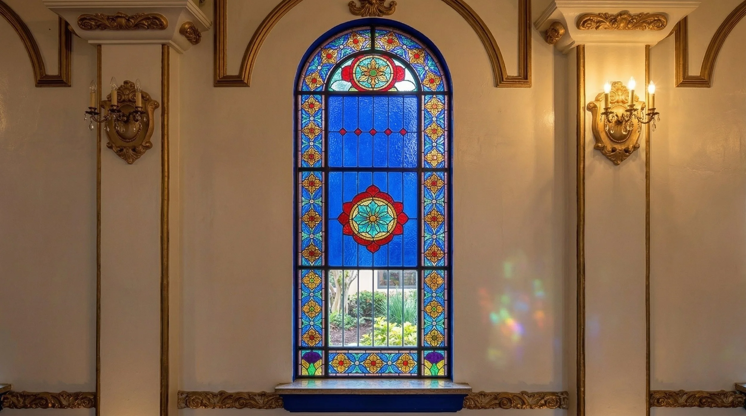 Ventana de vidrio emplomado con diseño colorido en un muro decorado con molduras doradas y apliques de luz con candelabros.