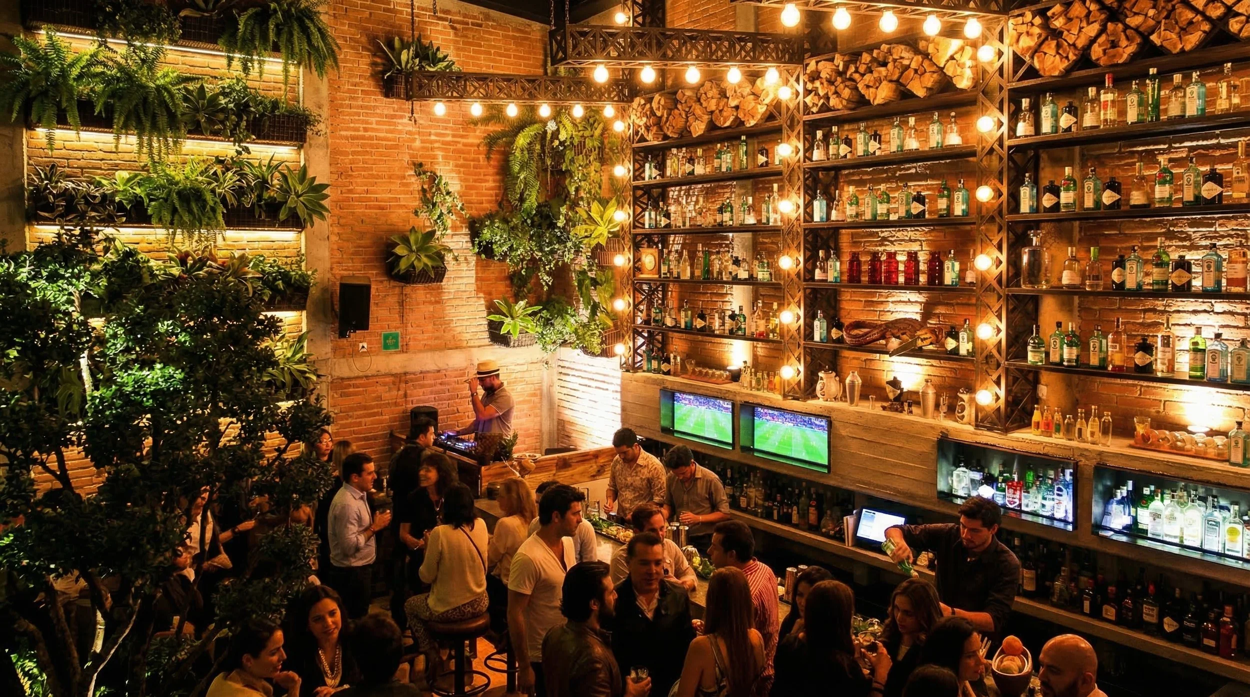 Interior de un bar concurrido con paredes de ladrillo, muchas plantas en macetas colgantes y en la pared, estanterías llenas de botellas de licor y luces decorativas. Algunas personas conversan y disfrutan, mientras un bartender prepara bebidas y dos televisores muestran un partido de fútbol.