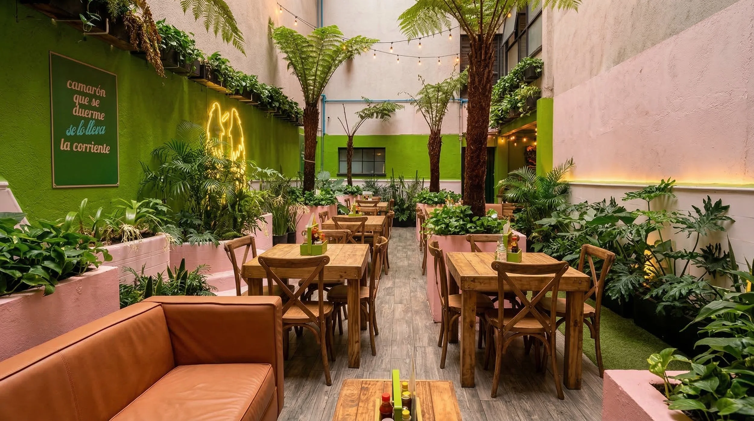 Interior de un restaurante decorado con plantas verdes, mesas de madera y sillas de madera, con paredes en tonos rosados y verdes, con iluminación cálida y un cartel en la pared izquierda que dice en español 'camarón que se duerme de la llena la corriente'