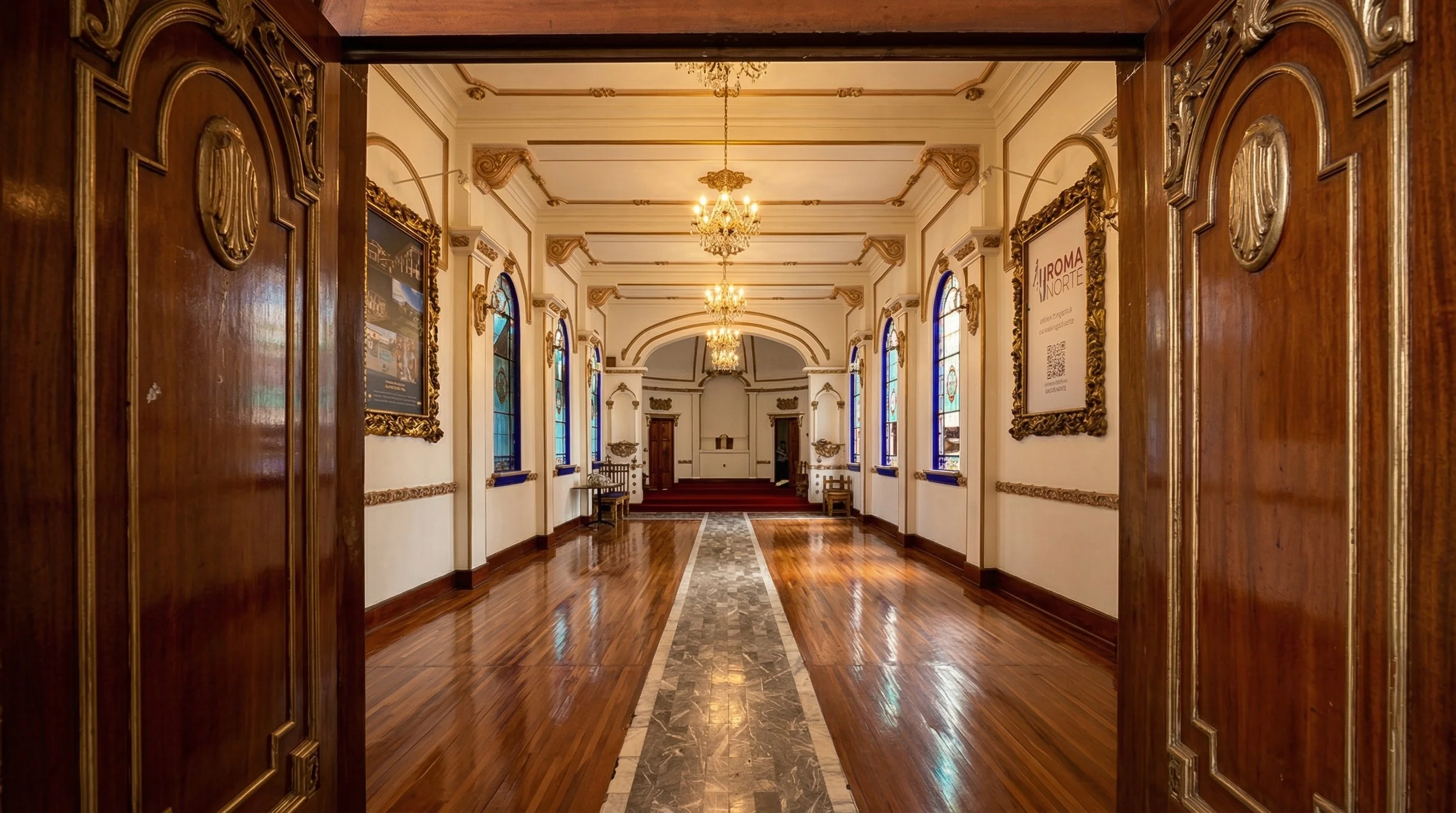 Un pasillo elegante con pisos de madera, paredes blancas con detalles dorados y ventanas con vitrales. Hay candelabros de cristal colgando del techo y sillas de madera a los lados.