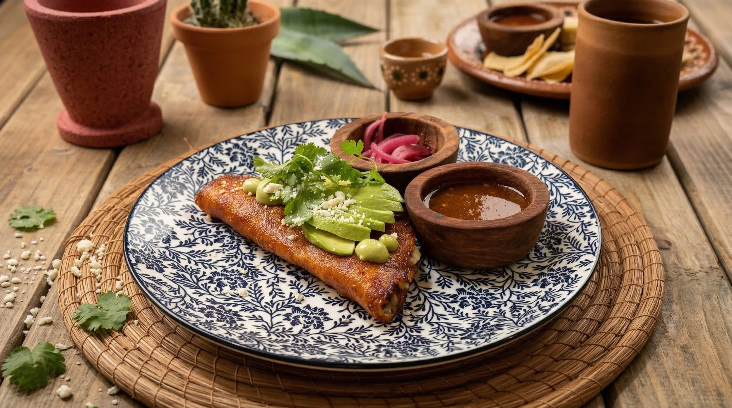 Platillo tradicional mexicano con pescado empanizado acompañado de guacamole, cebolla encurtida, y salsa en platos de barro, rodeado de cerámicas y vasos de barro en una mesa de madera.