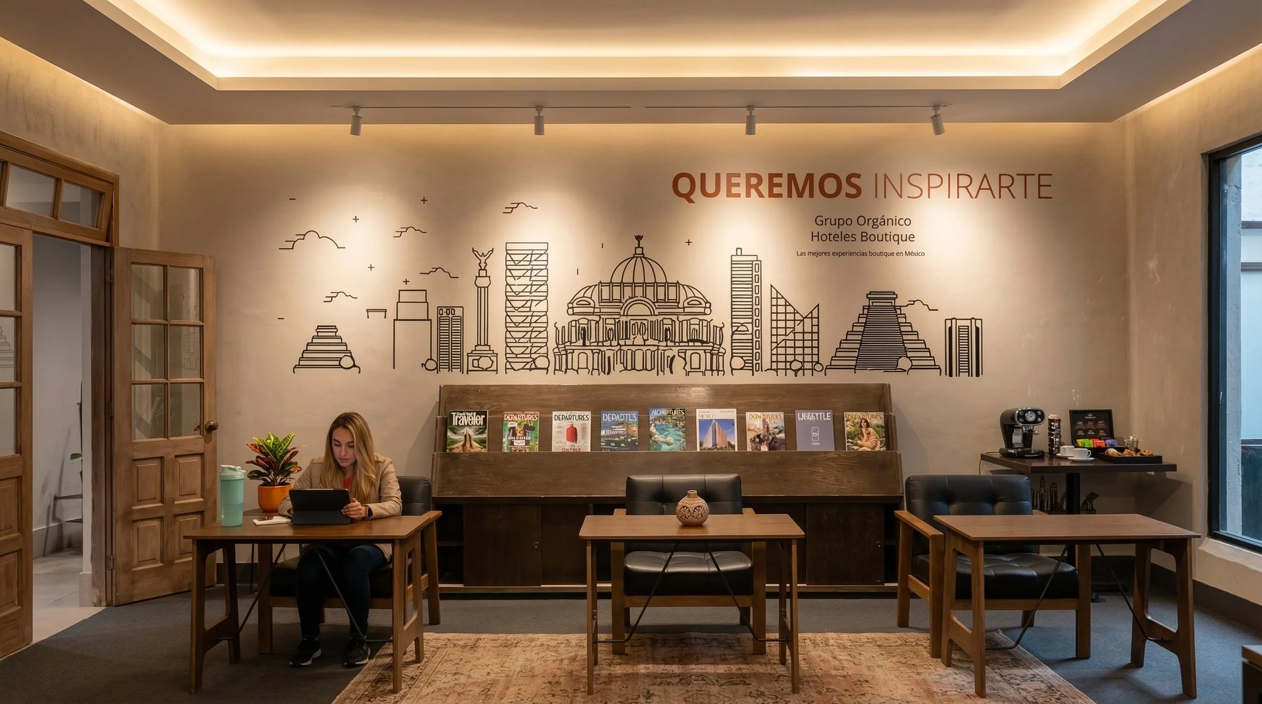 Interior de una sala de espera con una mujer usando una tableta, mesitas de madera, un mural de línea de perfil del skyline de la Ciudad de México, y cartelera de revistas.