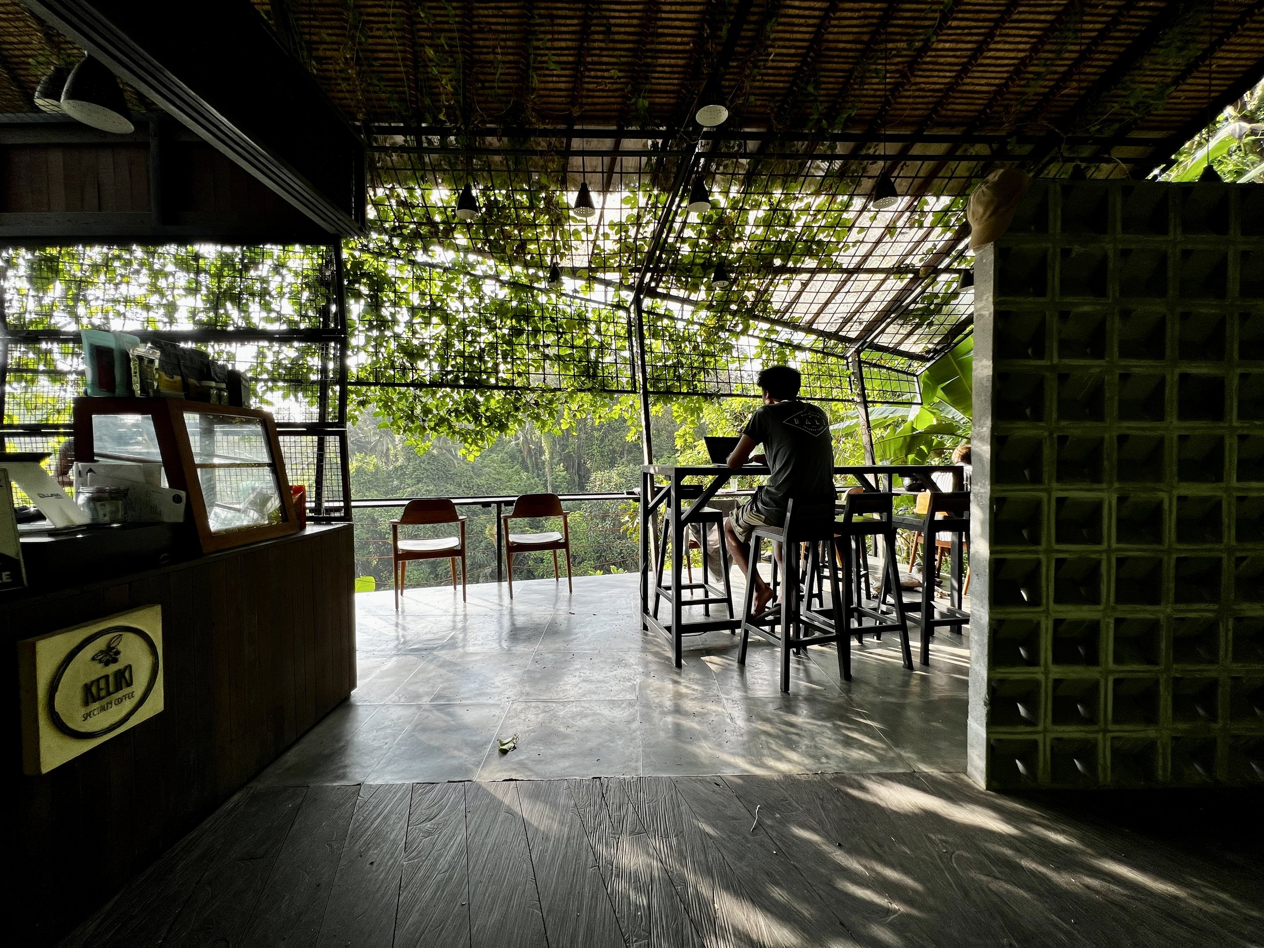 A person sitting at a high table with a laptop in a shaded outdoor cafe with lush green plants and trees in the background.