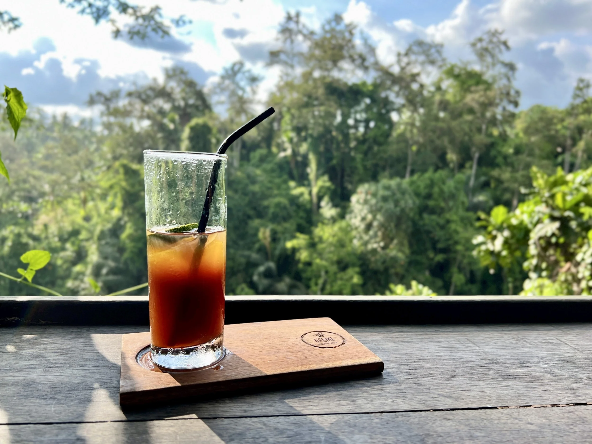 A tall glass of iced tea with a lemon slice and black straw on a wooden coaster, set on a table with a lush green forest and blue sky in the background.