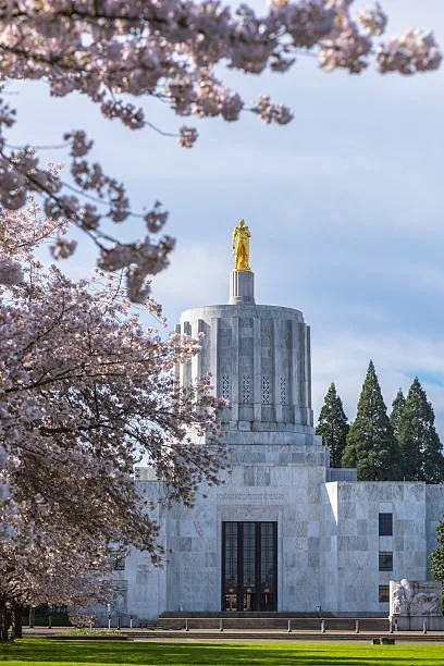 The Liberty Memorial with cherry blossom trees in bloom and a partly cloudy sky in the background.