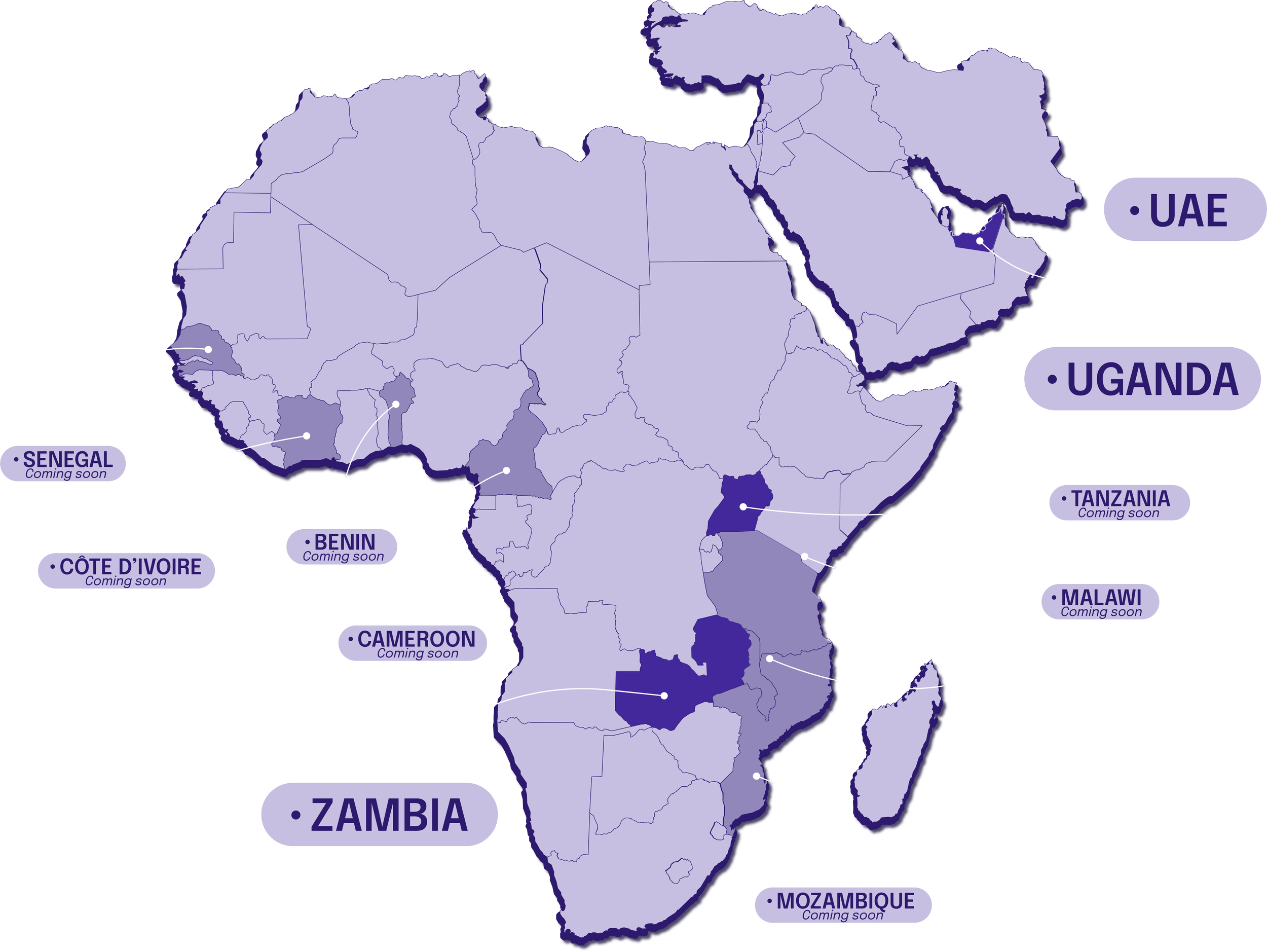 A map of Africa highlighting countries in dark purple with labels for certain countries, some with 'Coming soon' notices. Countries highlighted include UAE, Uganda, Tanzania, Malawi, Mozambique, Zambia, Cameroon, Benin, Côte d'Ivoire, Senegal, in West Africa, and others in different regions.