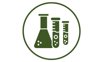 Icon of laboratory glassware including a conical flask and two test tubes with bubbles inside, all inside a green circle