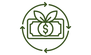 An illustration of a dollar bill with a plant sprouting from it, enclosed by arrows forming a circle, symbolizing financial growth or sustainability.