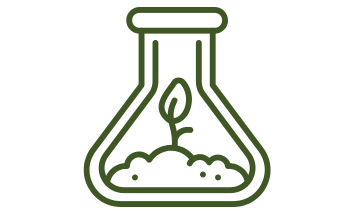 Minimalist green line drawing of a laboratory flask with a small plant growing inside it.