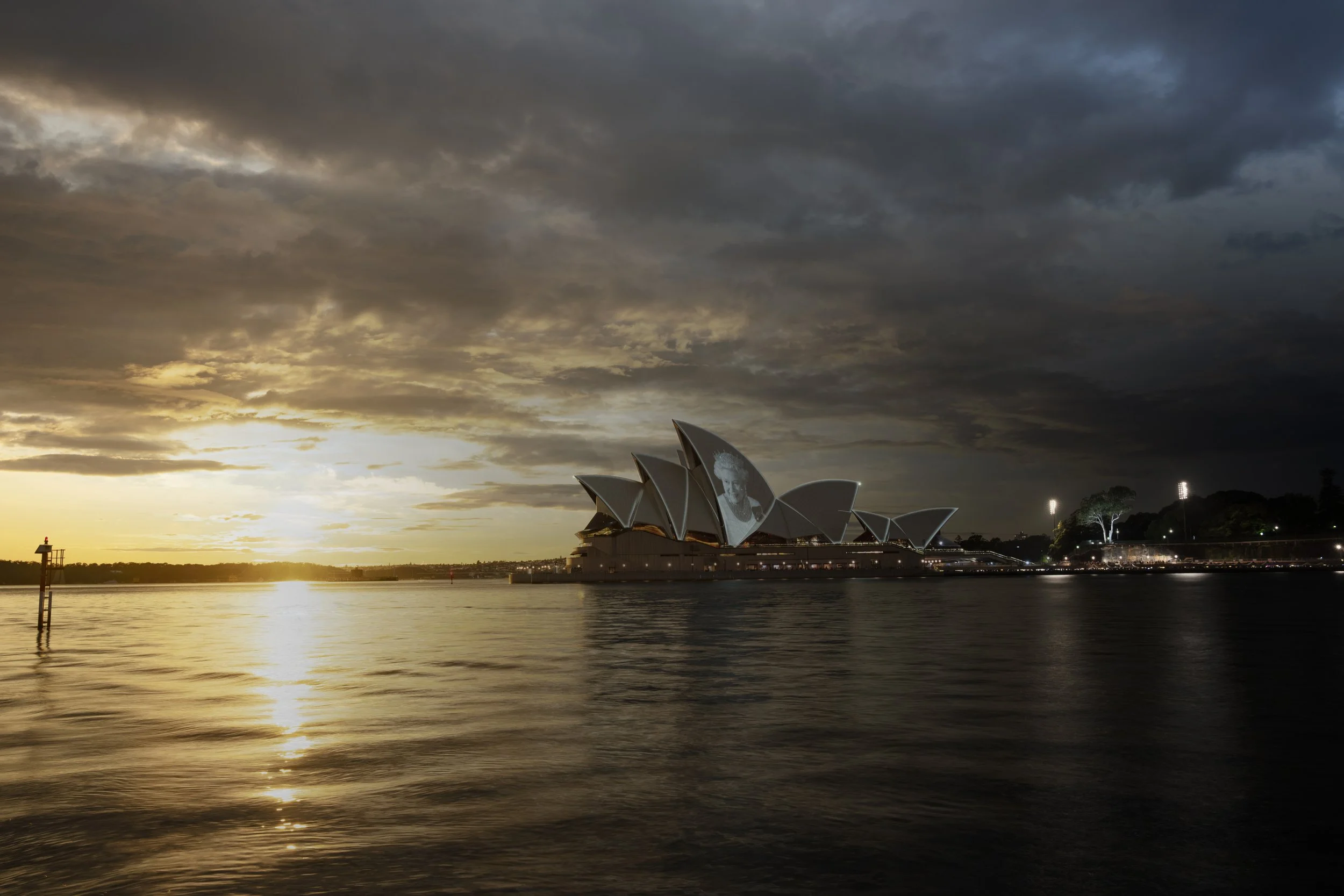 Sydney Opera House cinematic view with dramatic clouds over Sydney Harbour