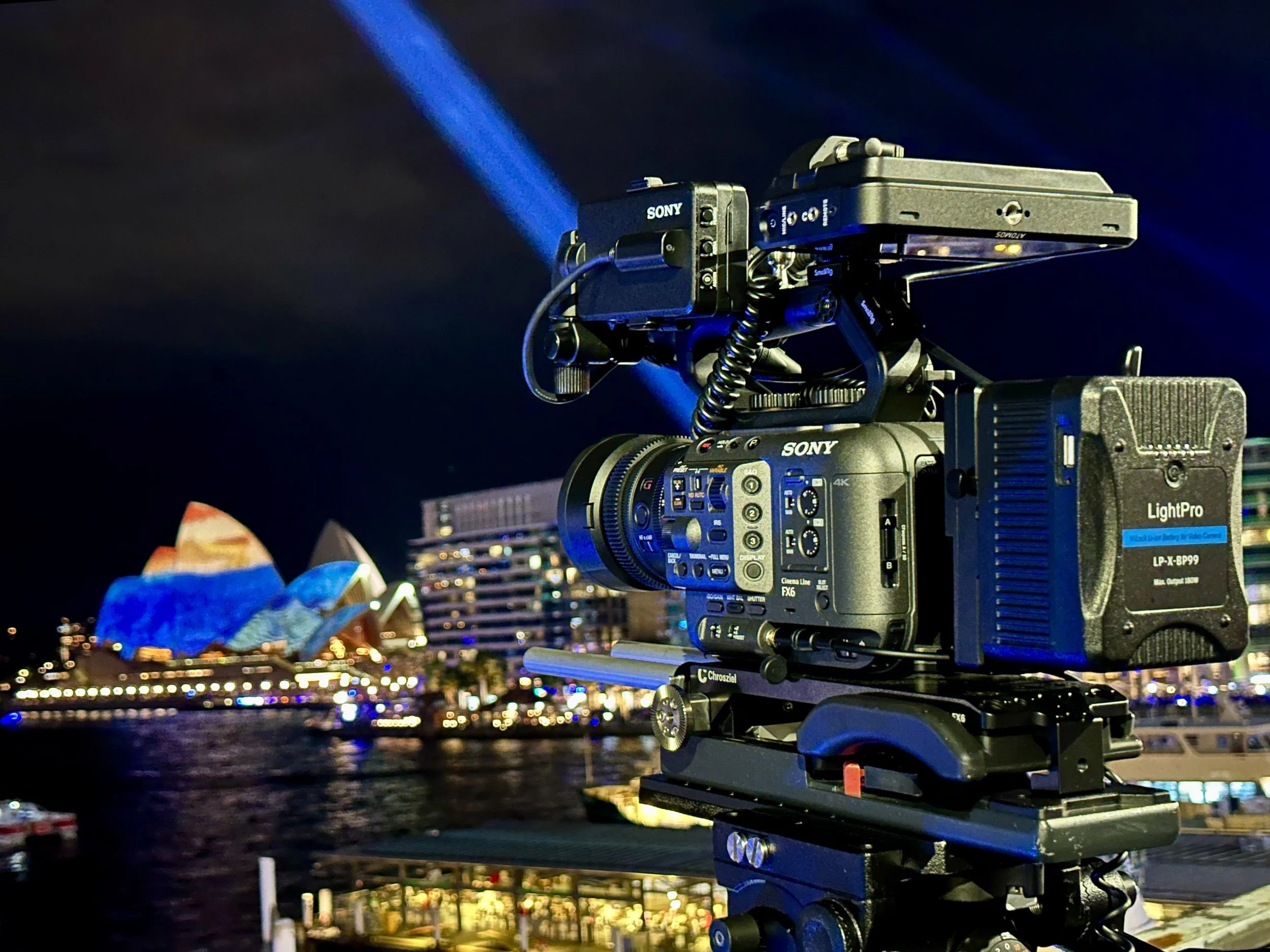 Sony FX6 cinema camera rig used by Sydney cinematographer filming near the Sydney Opera House at night