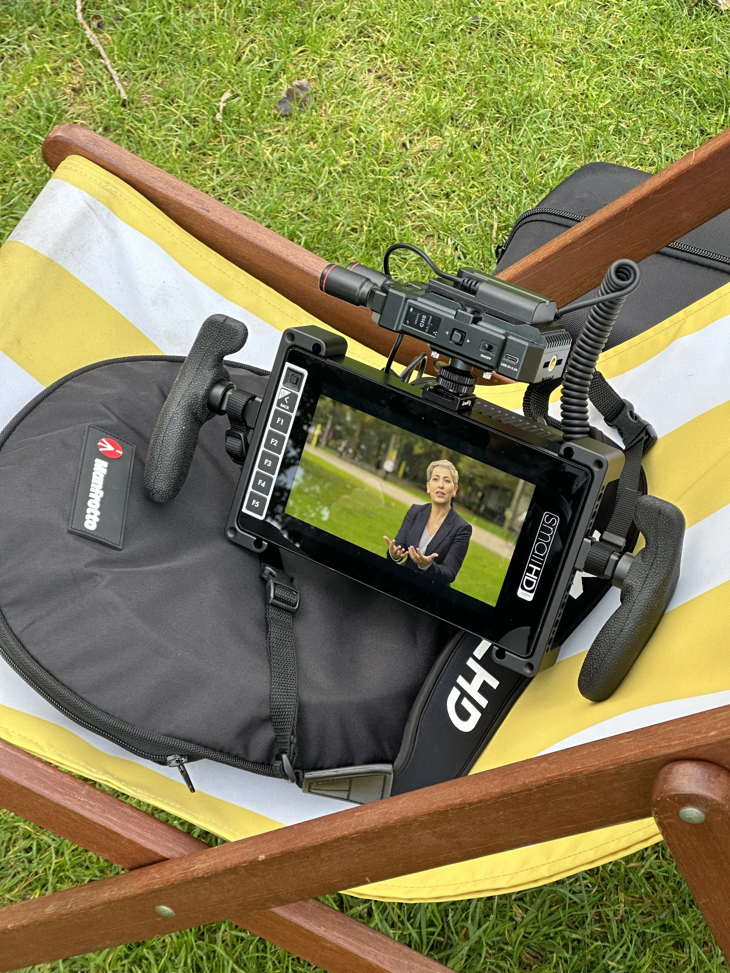 SmallHD professional field monitor with wireless video transmitter used for on-set cinematography monitoring